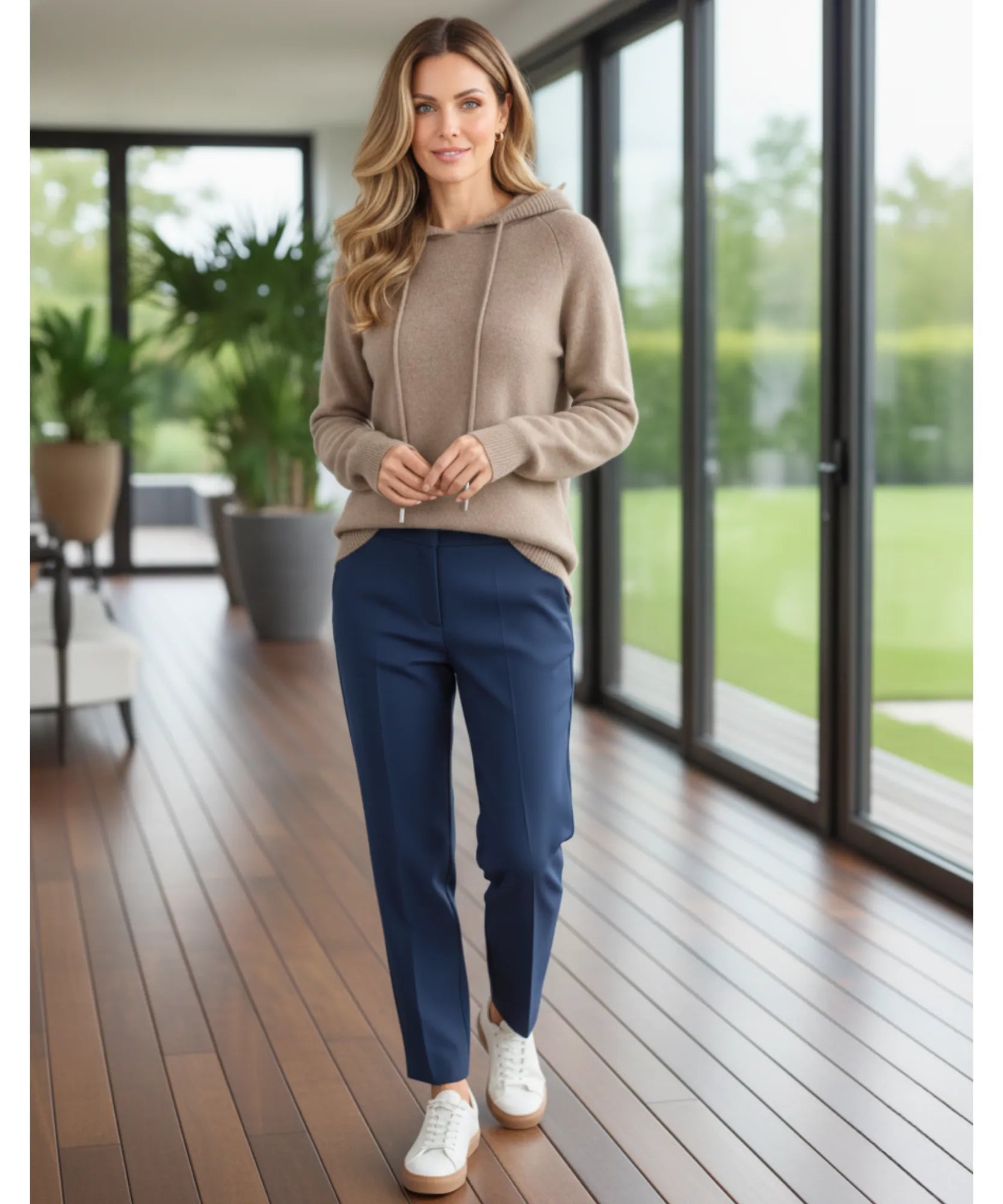 Women's Oversized Hooded Knit Sweater in Mocha, a soft drawstring-hood knit for winter, styled look