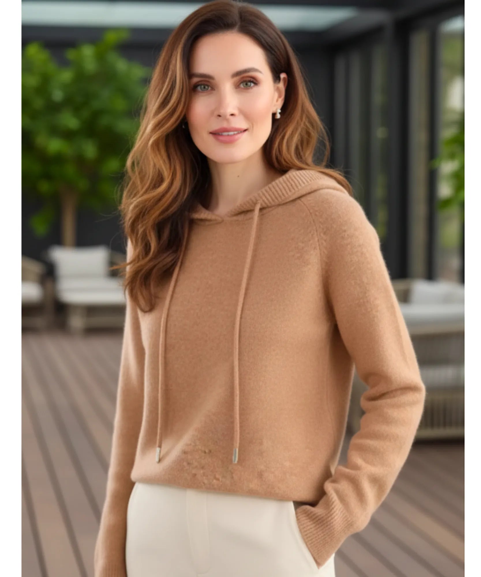 Women's Oversized Hooded Knit Sweater in Camel, a soft drawstring-hood knit for winter, front view