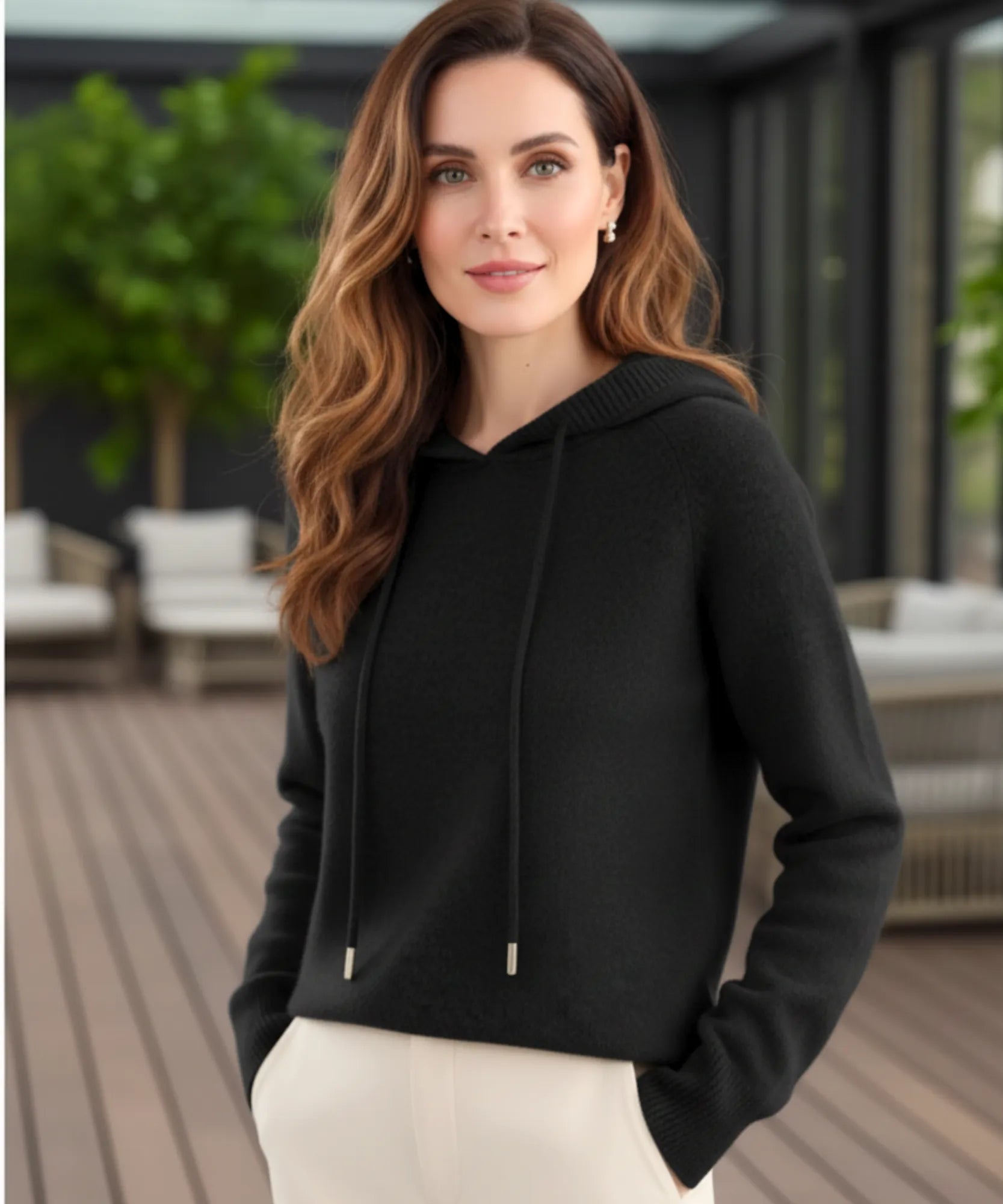Women's Oversized Hooded Knit Sweater in Black, a soft drawstring-hood knit for winter