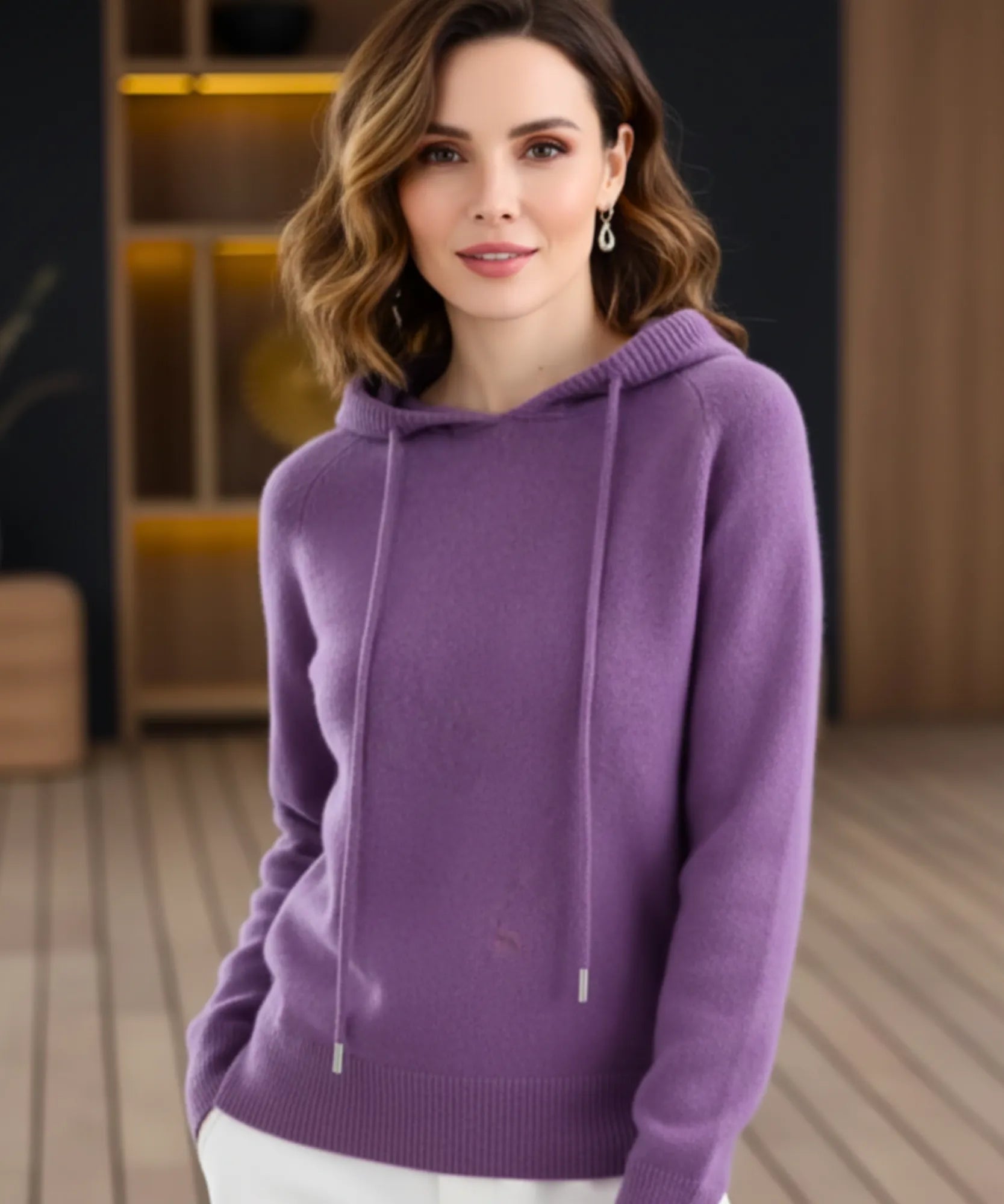 Women's Oversized Hooded Knit Sweater in Purple, a soft drawstring-hood knit for winter, front view