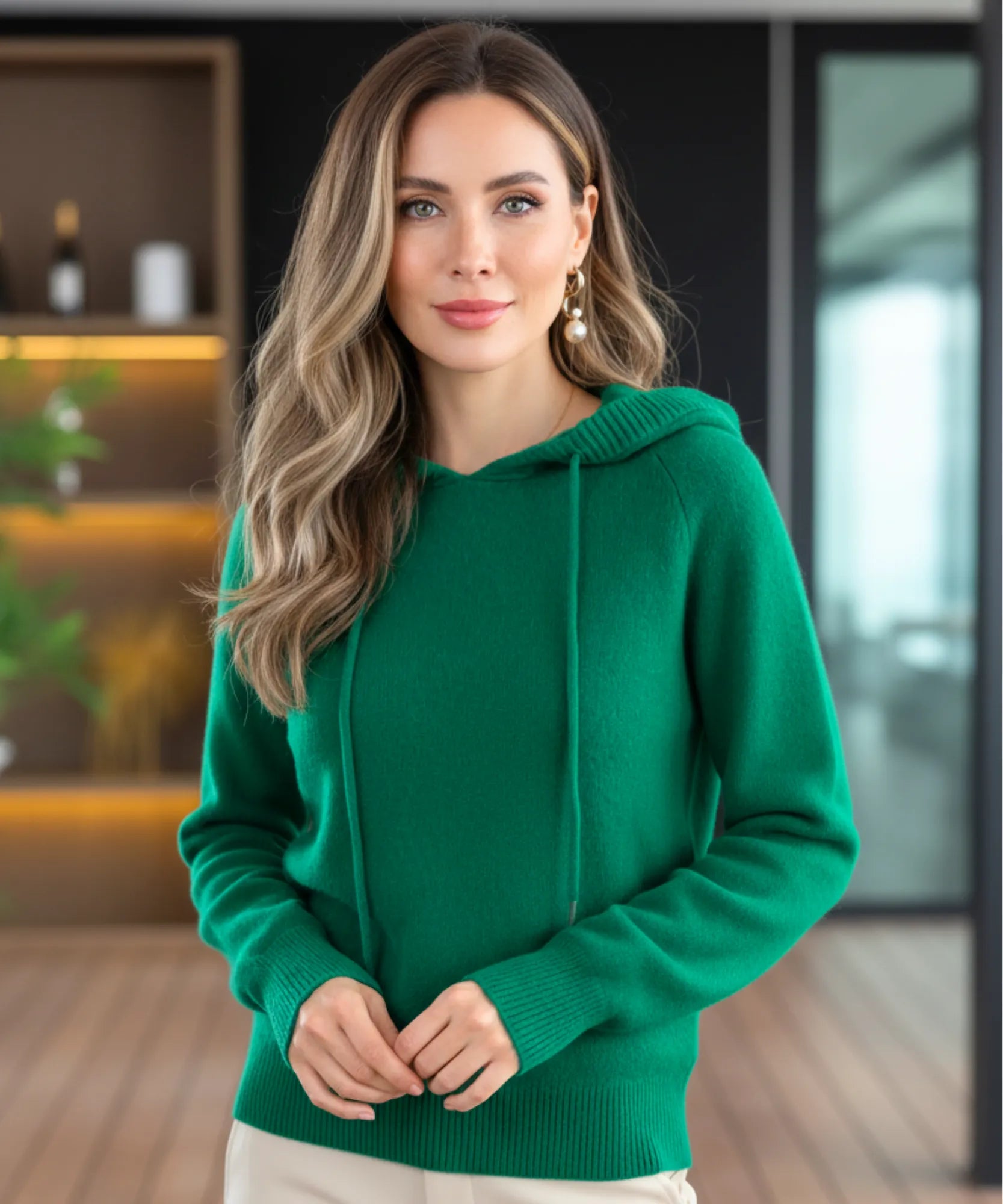 Women's Oversized Hooded Knit Sweater in Kelly Green, a soft drawstring-hood knit for winter, front view