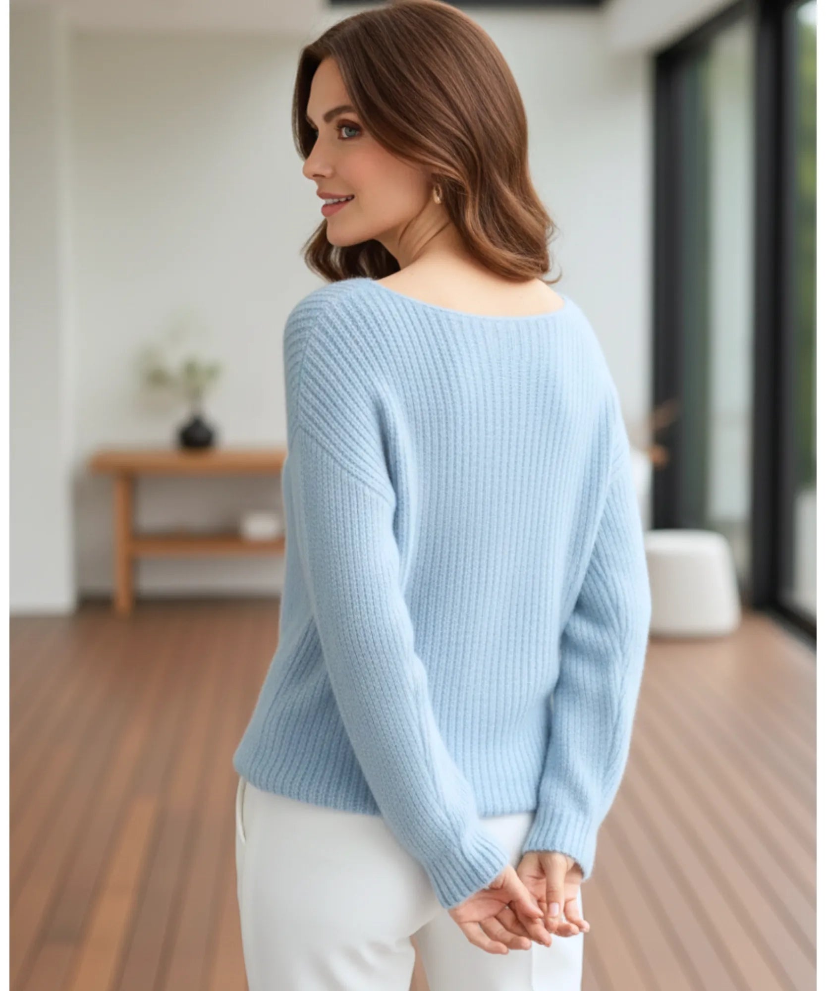 Women's Lightweight Boatneck Sweater in Light Blue, a velvety knit for mild days