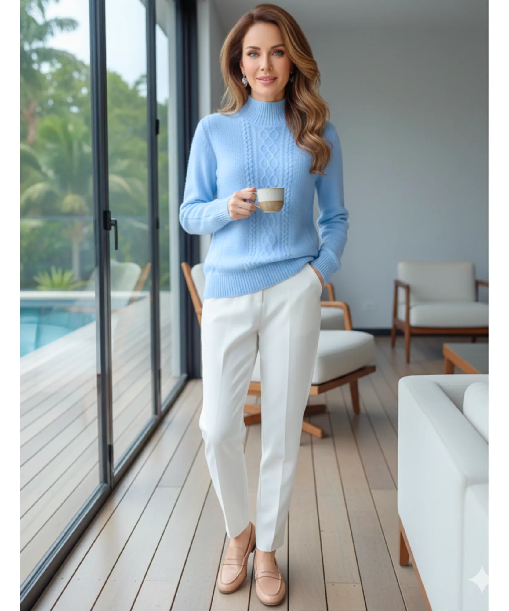 Women's Cable Knit Mock Neck Sweater in Light Blue, a structured knit for winter