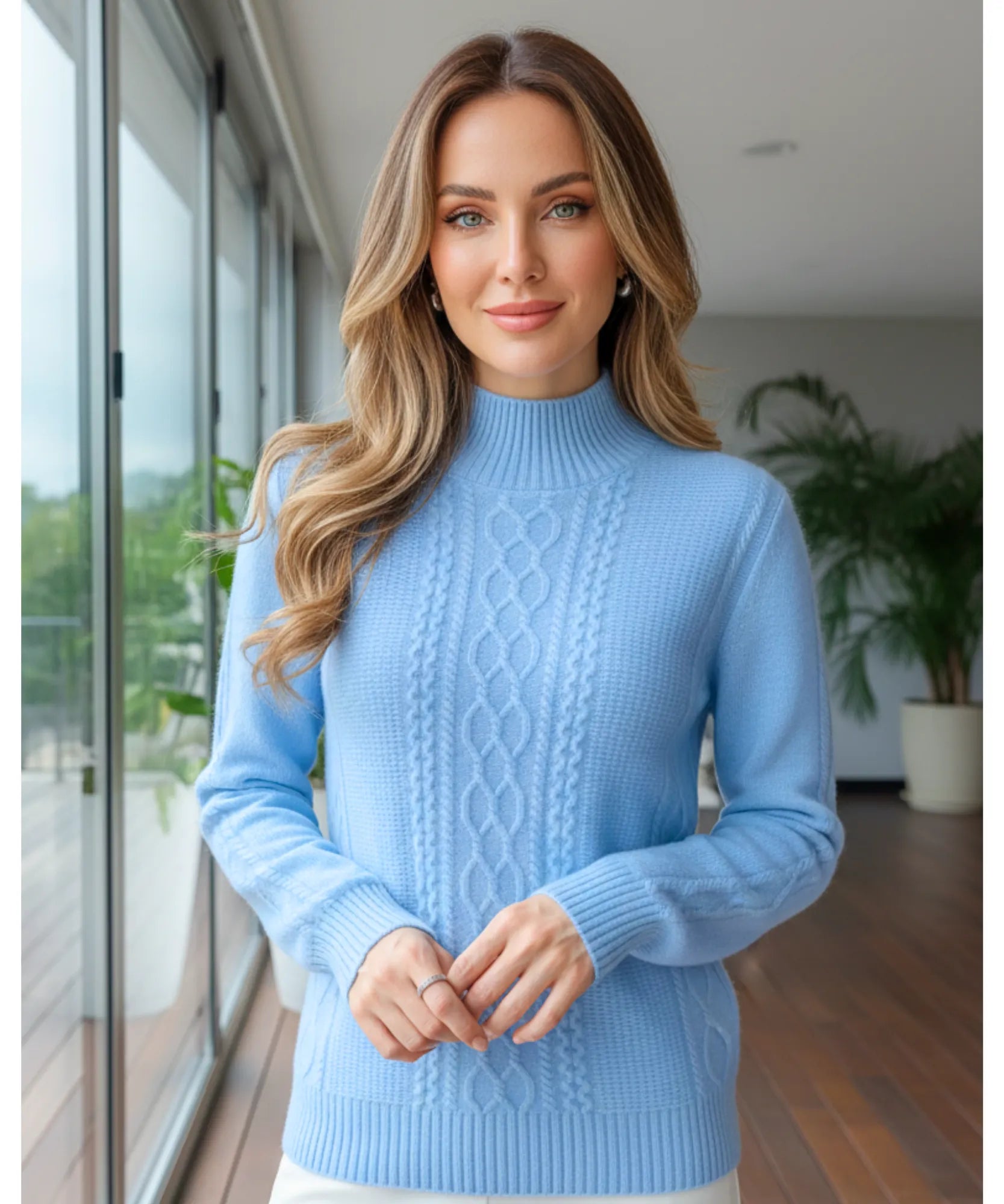 Women's Cable Knit Mock Neck Sweater in Light Blue, a structured knit for winter
