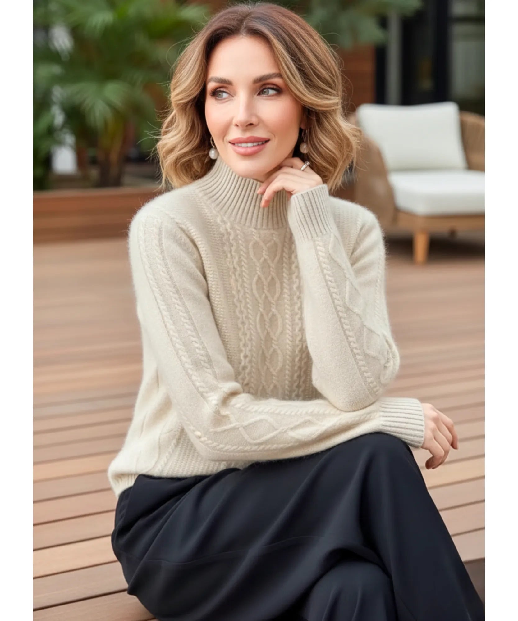Women's Cable Knit Mock Neck Sweater in Ivory, a structured knit for winter