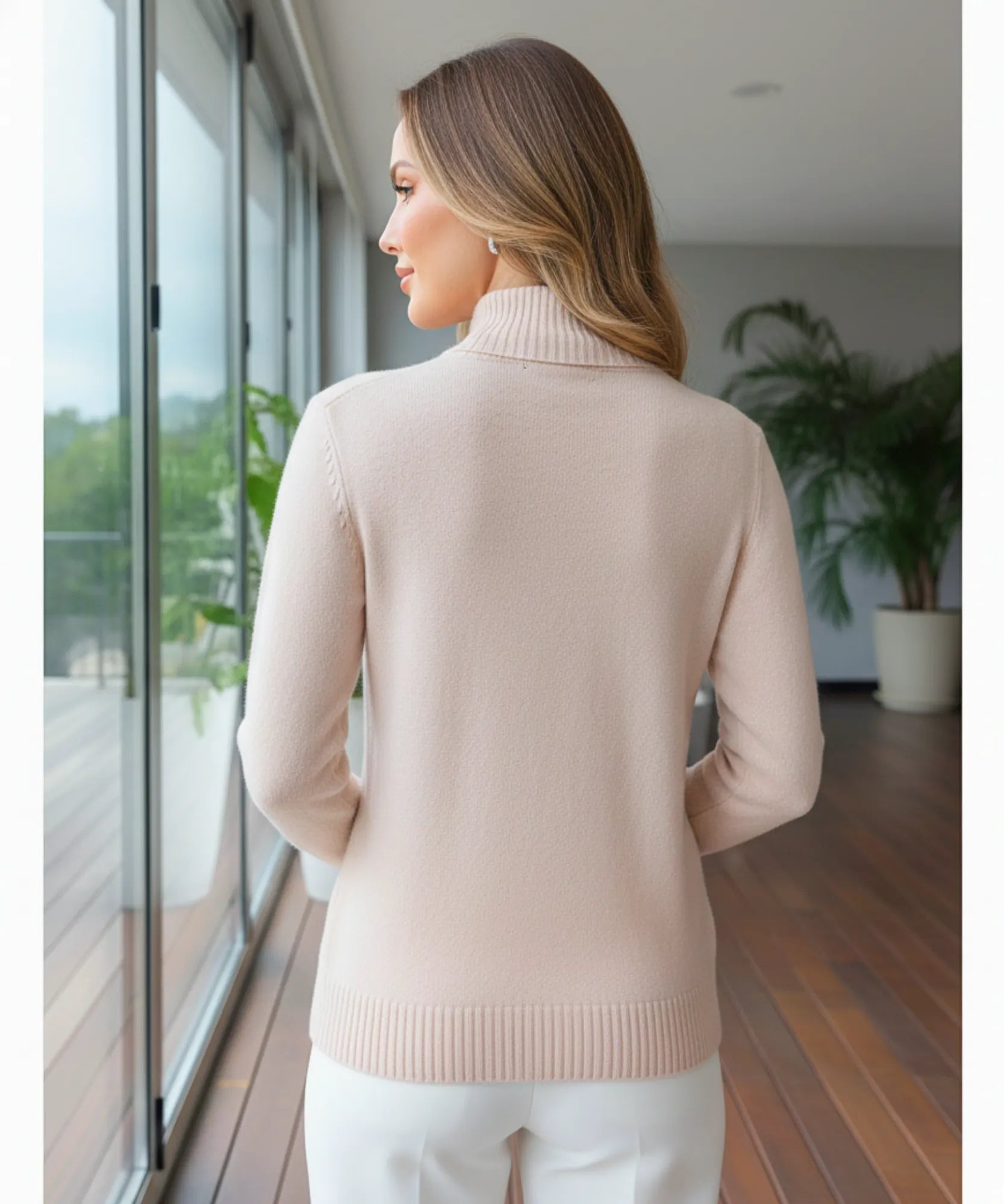 Women's Cable Knit Mock Neck Sweater in Ivory, a structured knit for winter