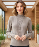 Women's Cable Knit Mock Neck Sweater in Taupe, a structured knit for winter