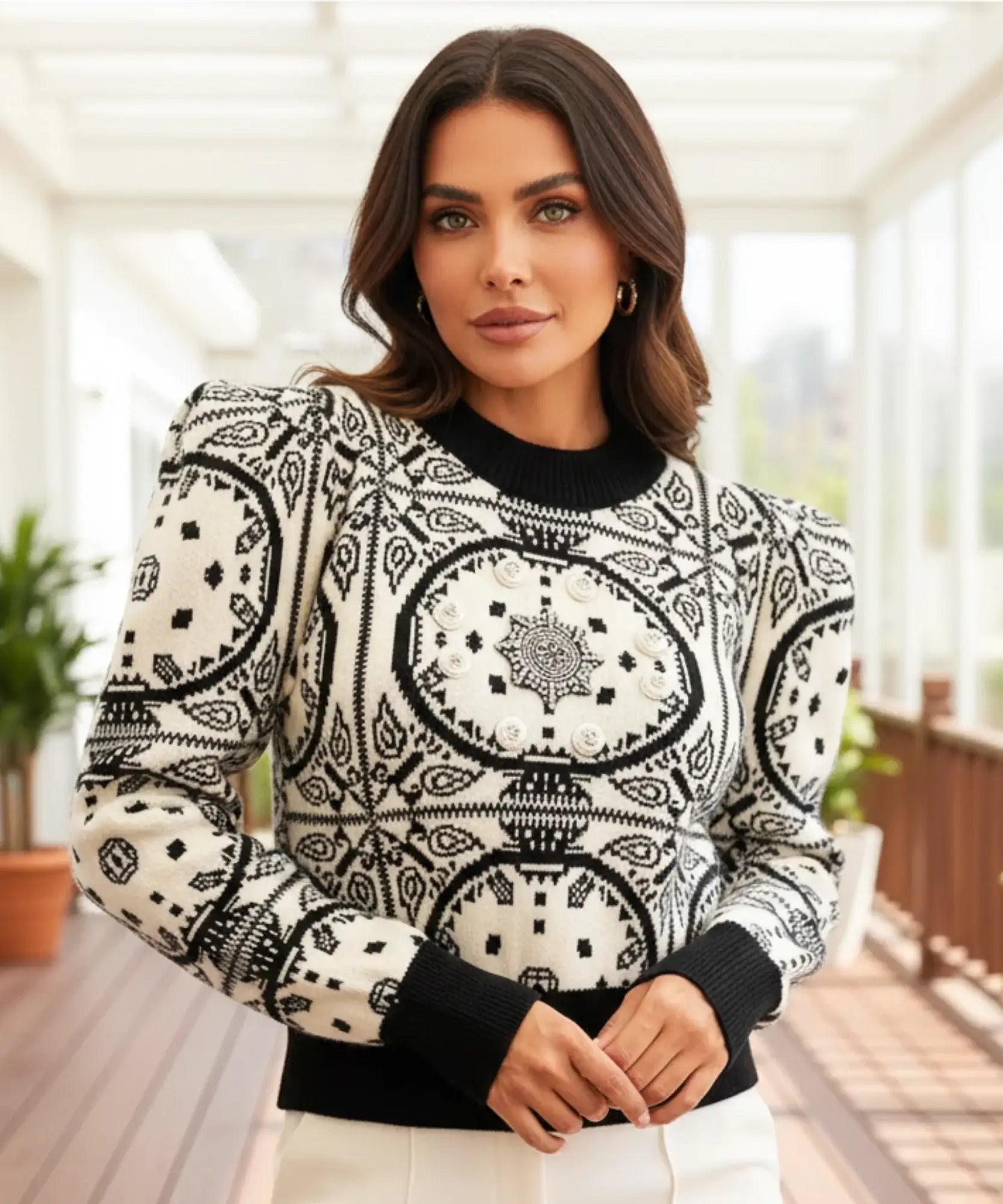 Women's Black and White Jacquard Turtleneck Sweater, front view showing the ribbed hem