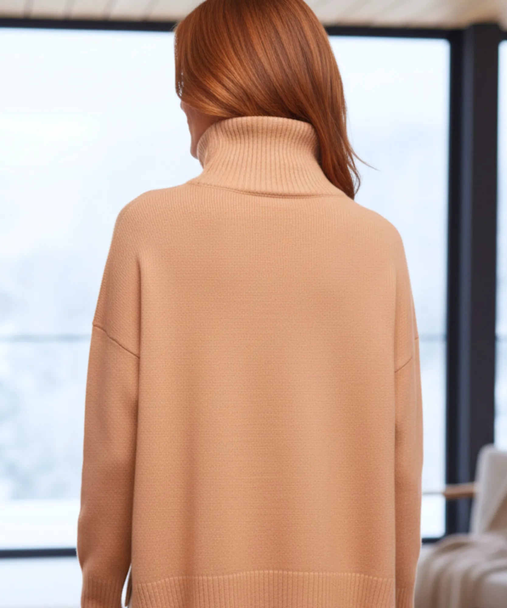 Women's Oversized Turtleneck Sweater in Camel, a viscose-blend knit for winter, front view