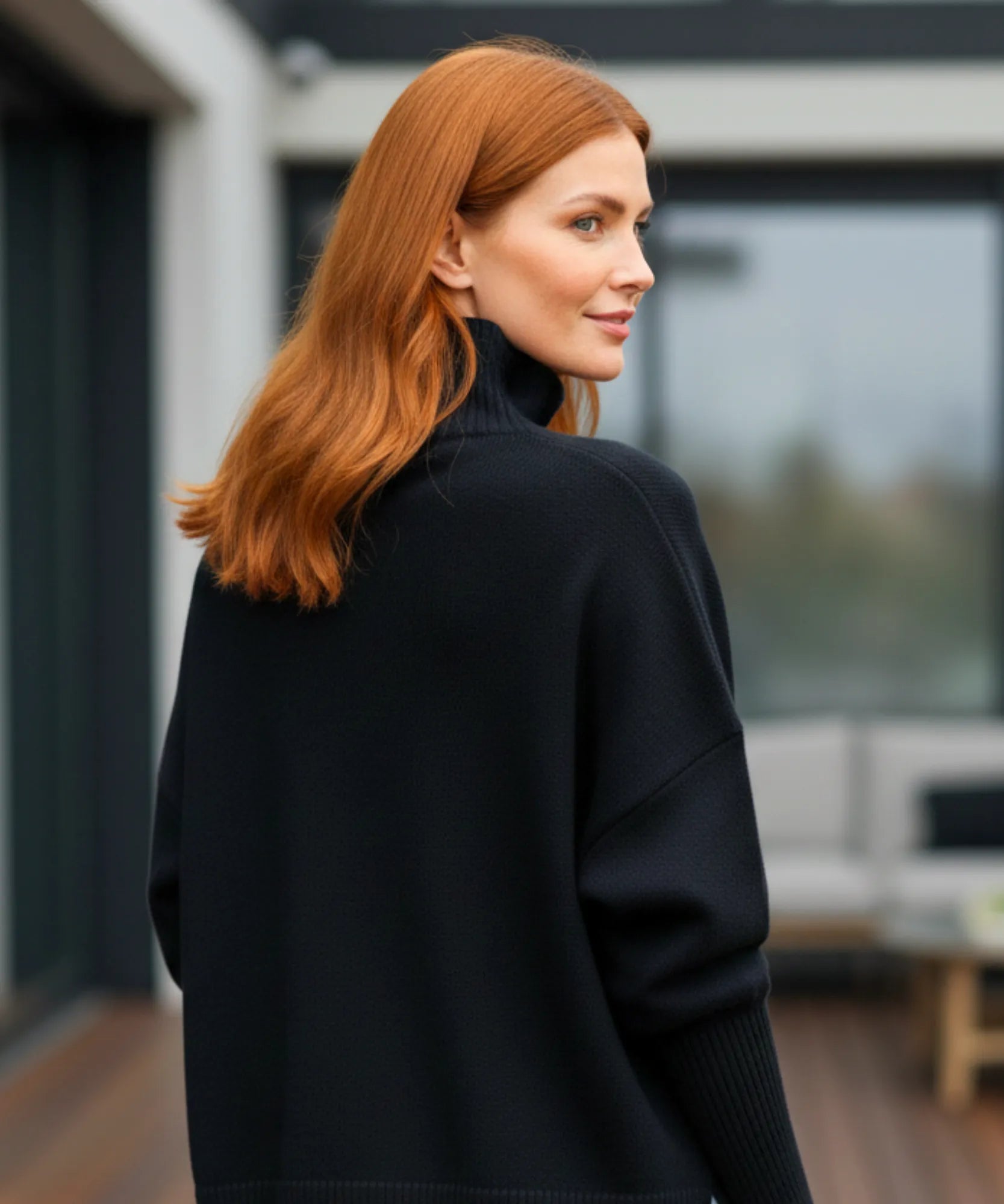 Women's Oversized Turtleneck Sweater in Black, a viscose-blend knit for winter, front view