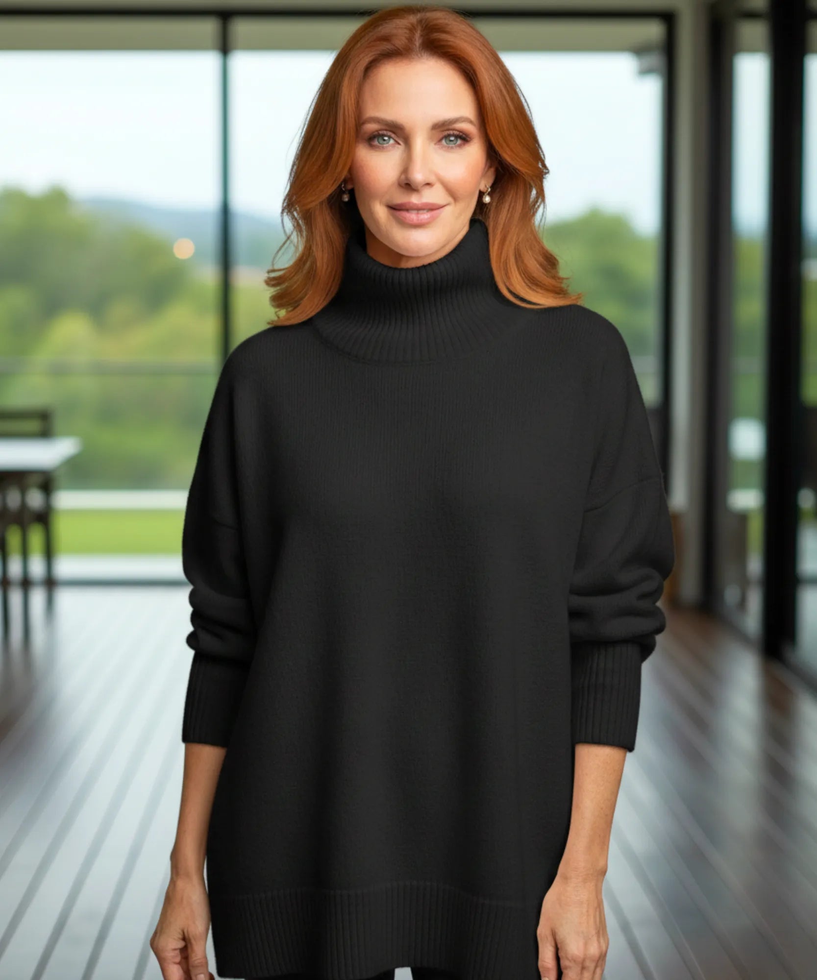 Women's Oversized Turtleneck Sweater in Black, a viscose-blend knit for winter