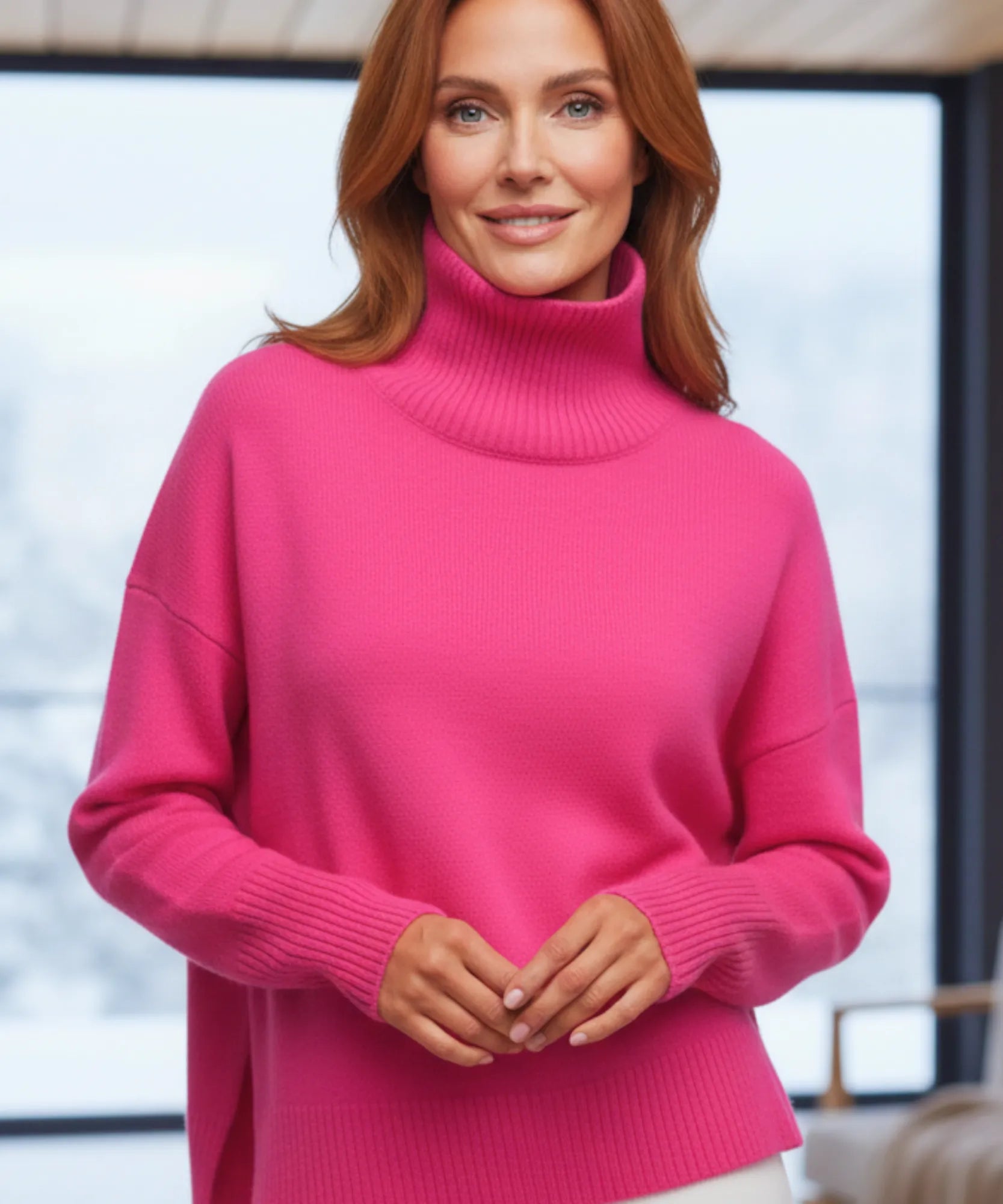 Women's Oversized Turtleneck Sweater in Hot Pink, a viscose-blend knit for winter, front view