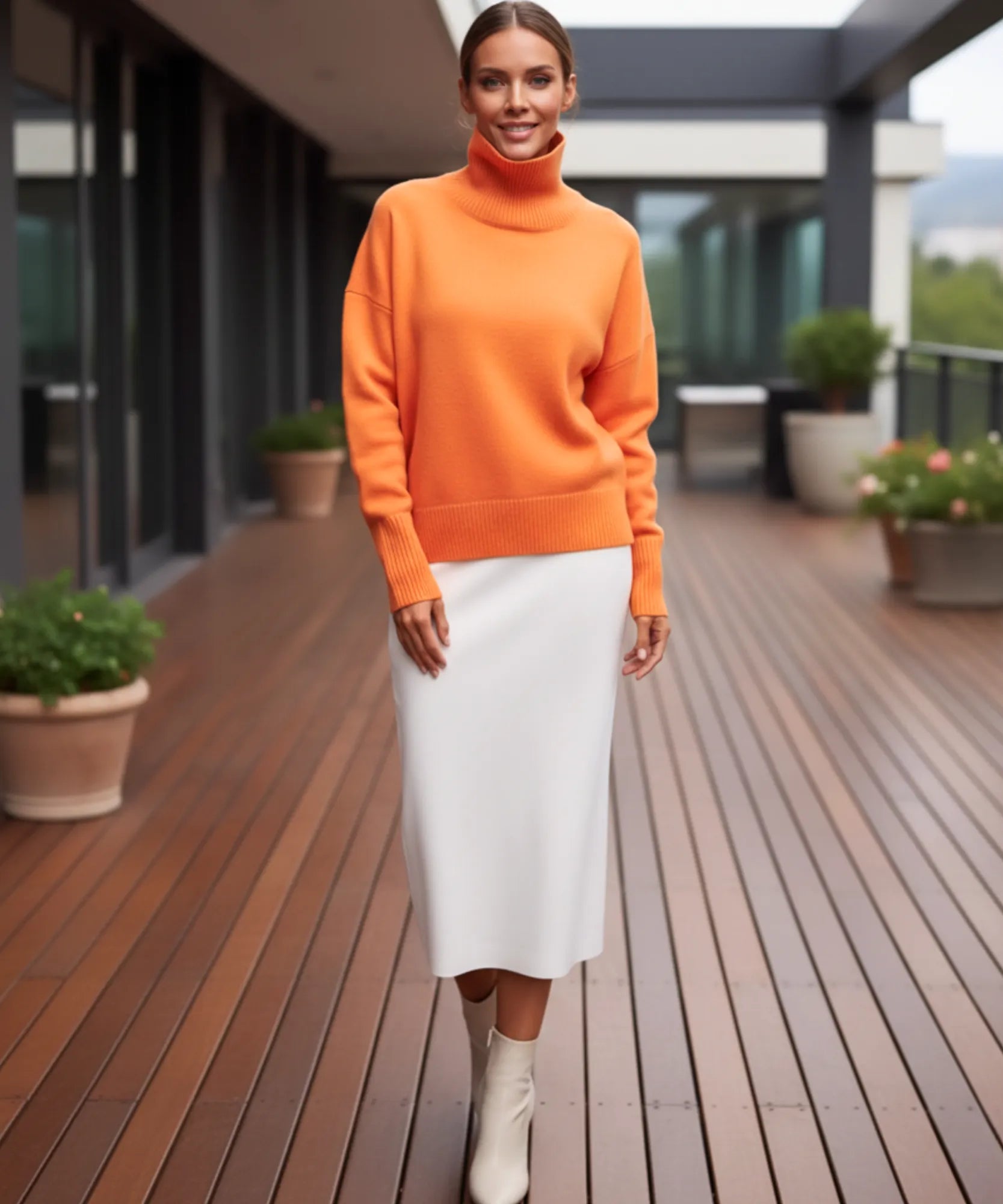 Women's Oversized Turtleneck Sweater in Orange, a viscose-blend knit for winter, styled look