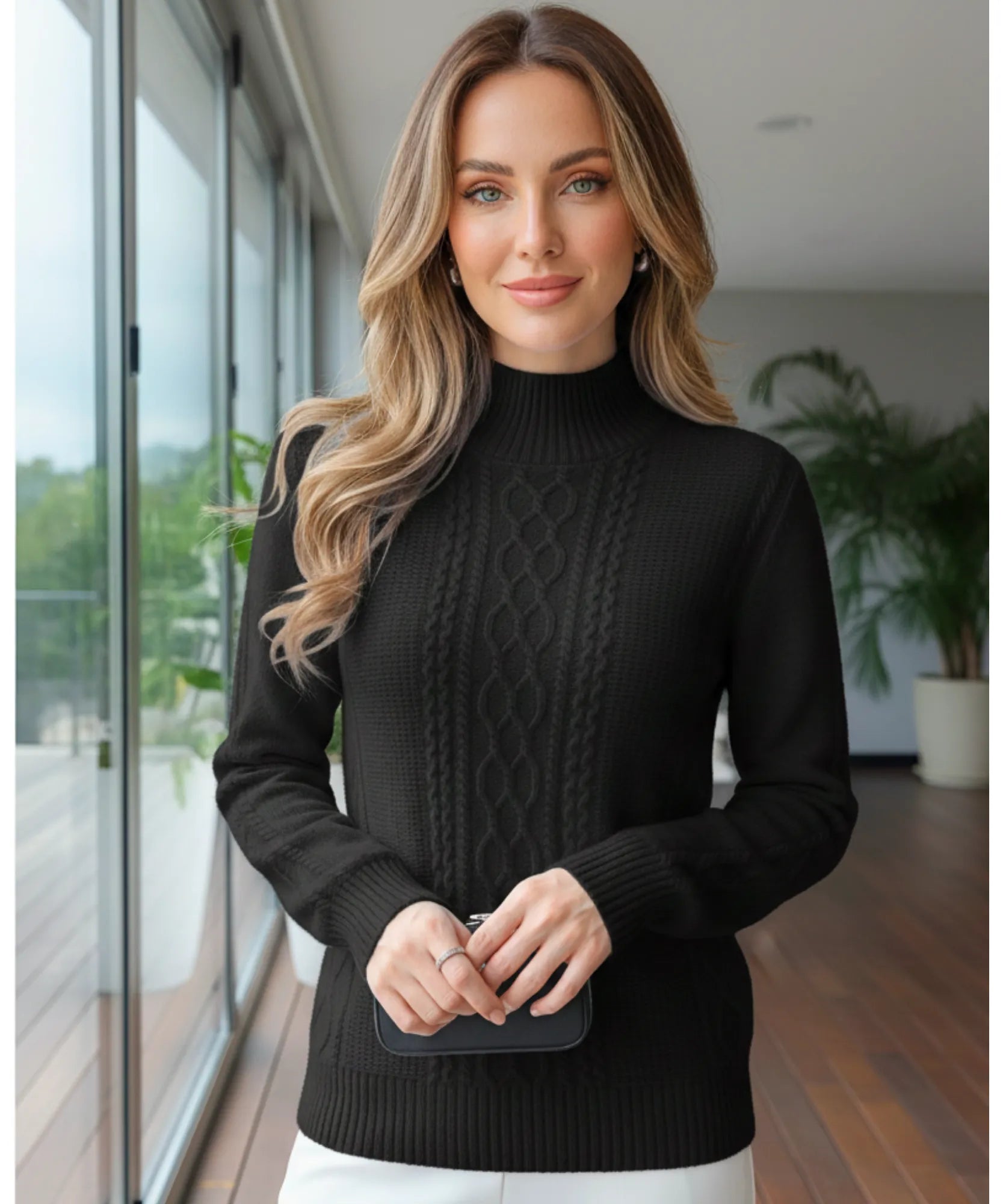 Women's Cable Knit Mock Neck Sweater in Black, a structured knit for winter
