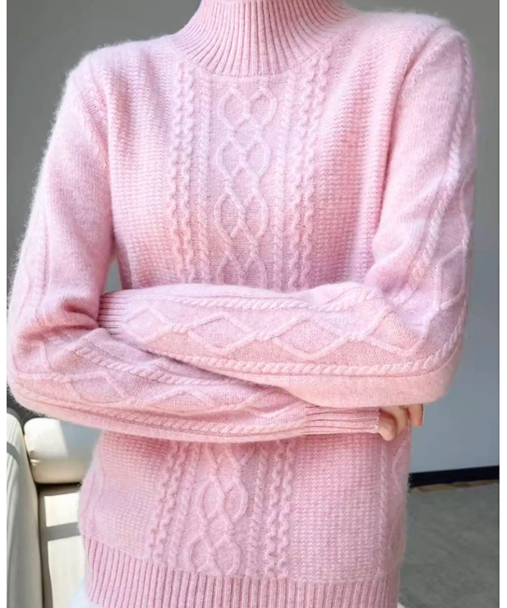 Women's Cable Knit Mock Neck Sweater in Pink, a structured knit for winter