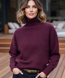 Women's Ribbed Turtleneck Sweater in Burgundy, a substantial knit for winter
