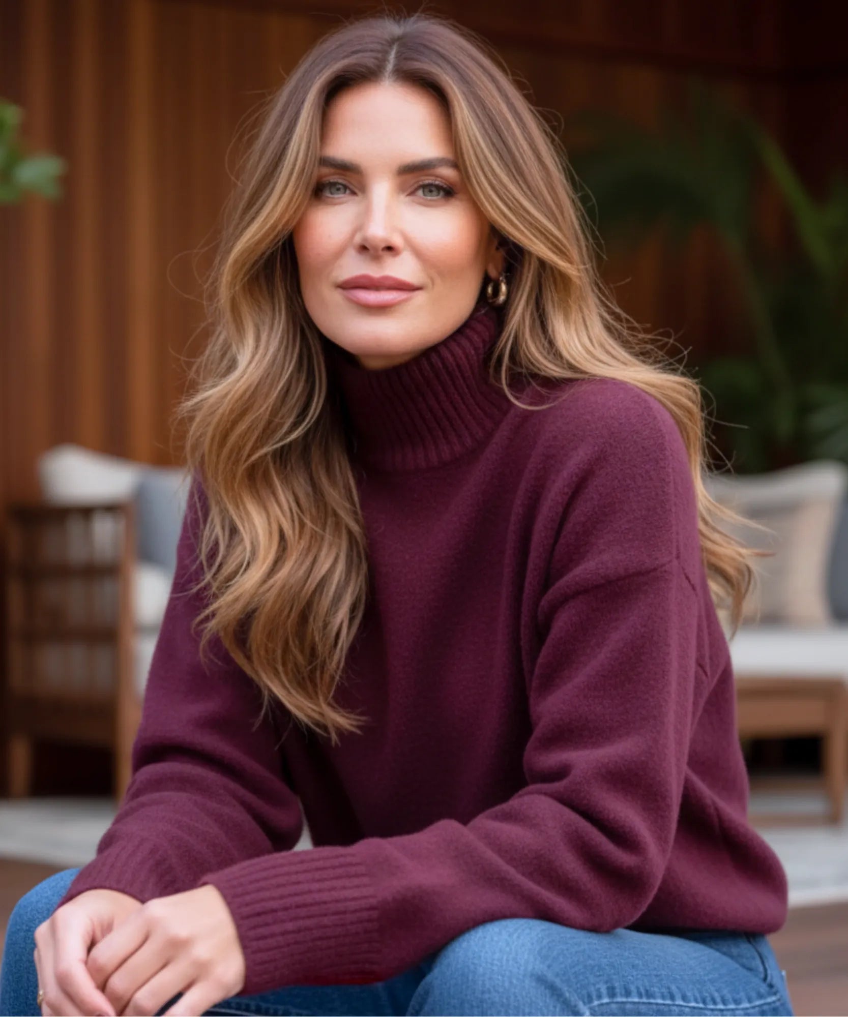 Women's Ribbed Turtleneck Sweater in Burgundy, a substantial knit for winter, close-up