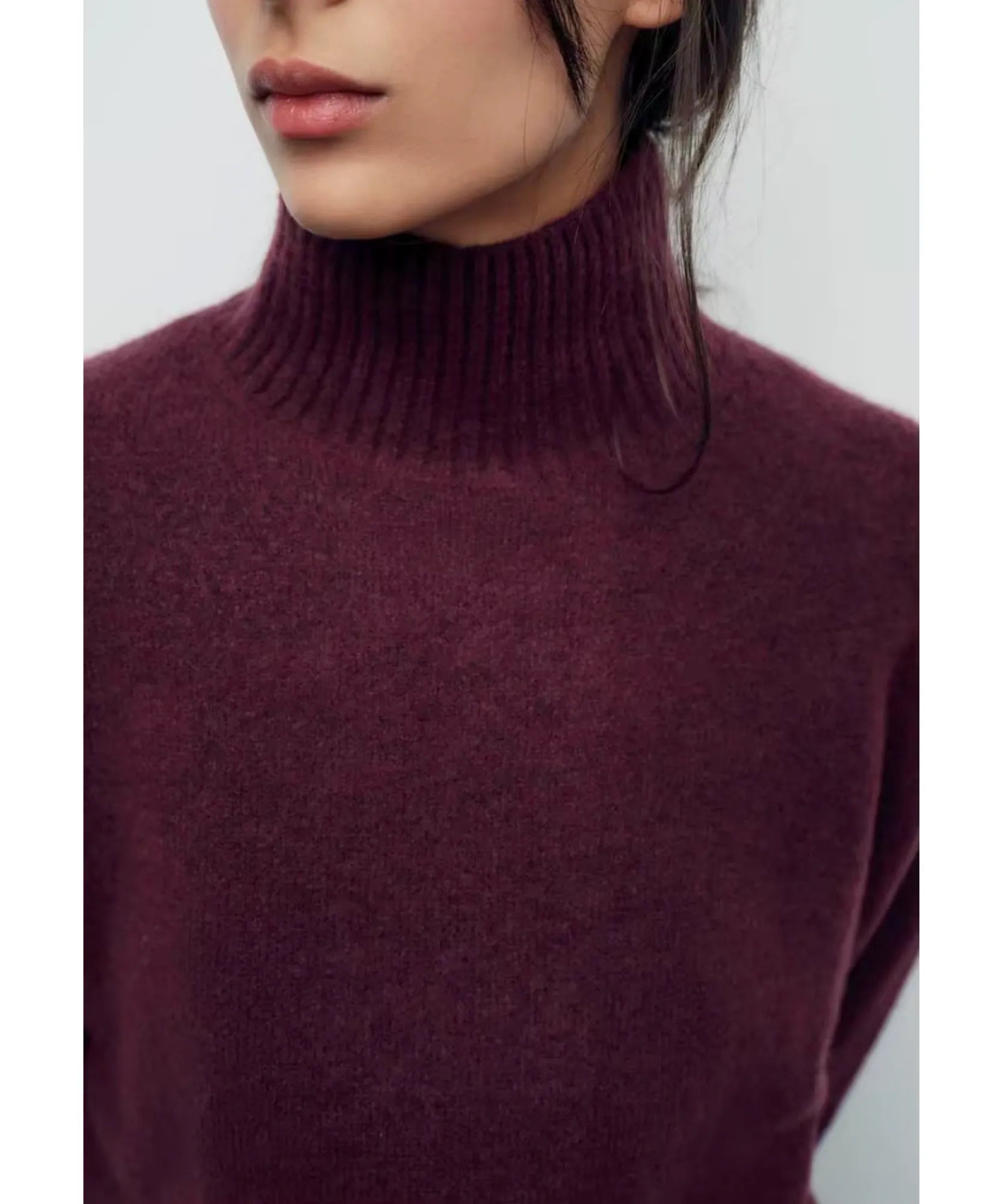 Women's Ribbed Turtleneck Sweater in Burgundy, a substantial knit for winter, detail view