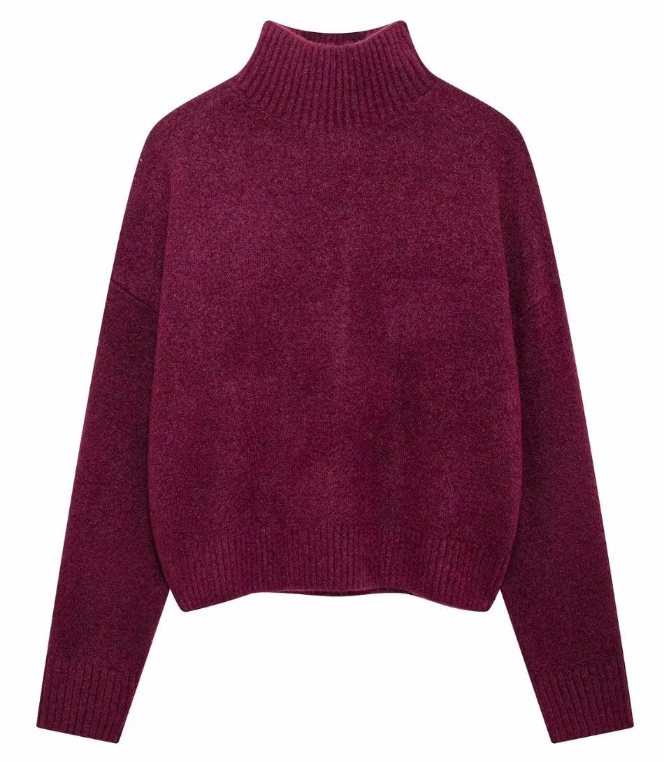 Women's Ribbed Turtleneck Sweater in Burgundy, a substantial knit for winter, lifestyle photo
