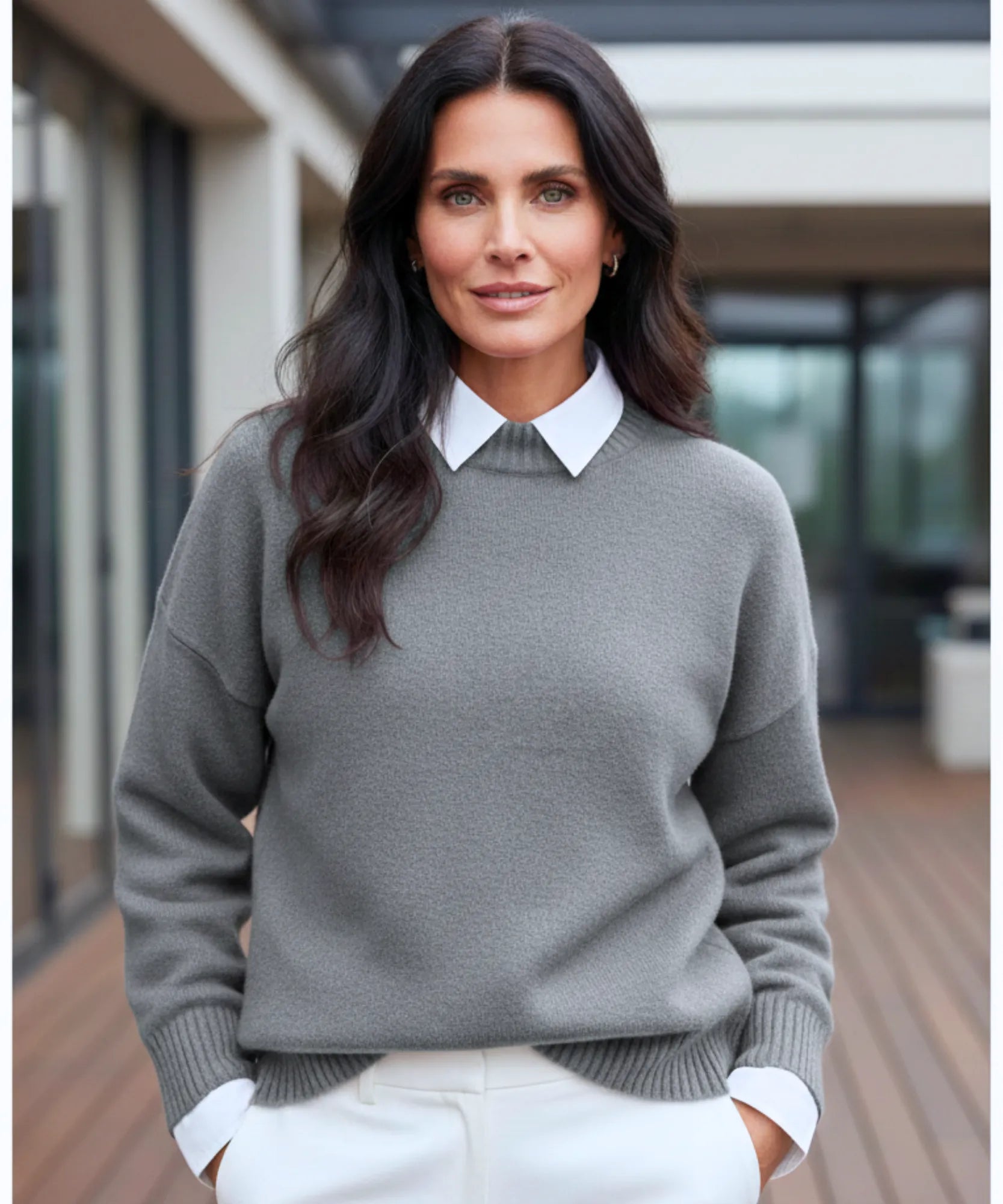 Women's Chunky Knit Sweater in Charcoal Grey, a brushed knit for winter