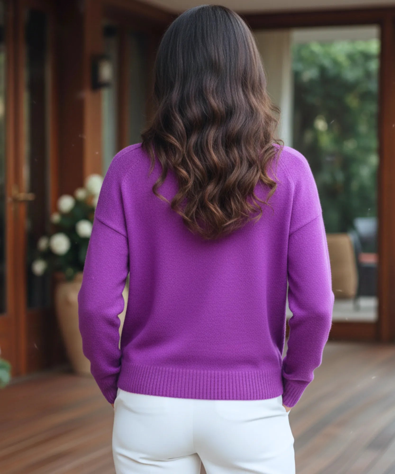 Women's Chunky Knit Sweater in Magenta, a brushed knit for winter