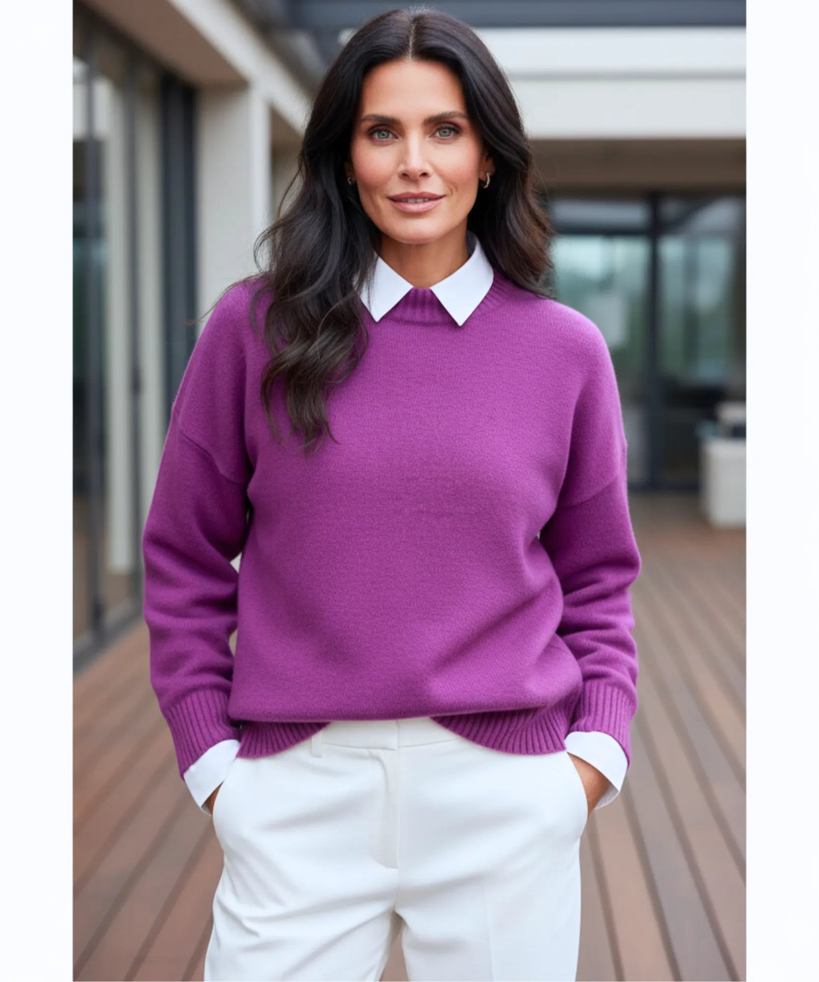 Women's Chunky Knit Sweater in Magenta, a brushed knit for winter