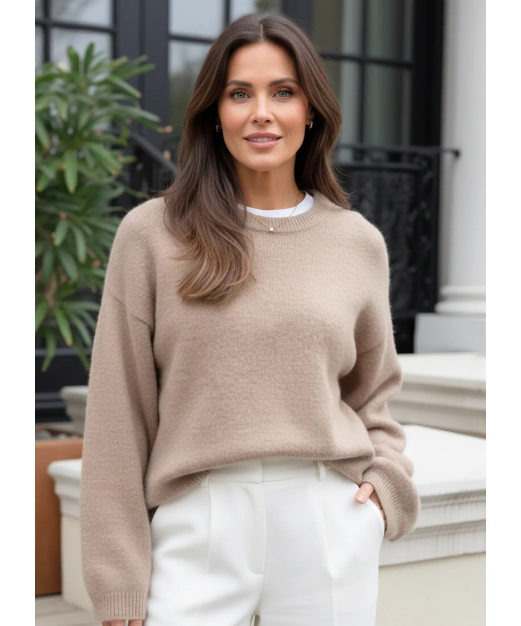 Women's Chunky Crewneck Sweater in Oatmeal, a brushed knit for winter