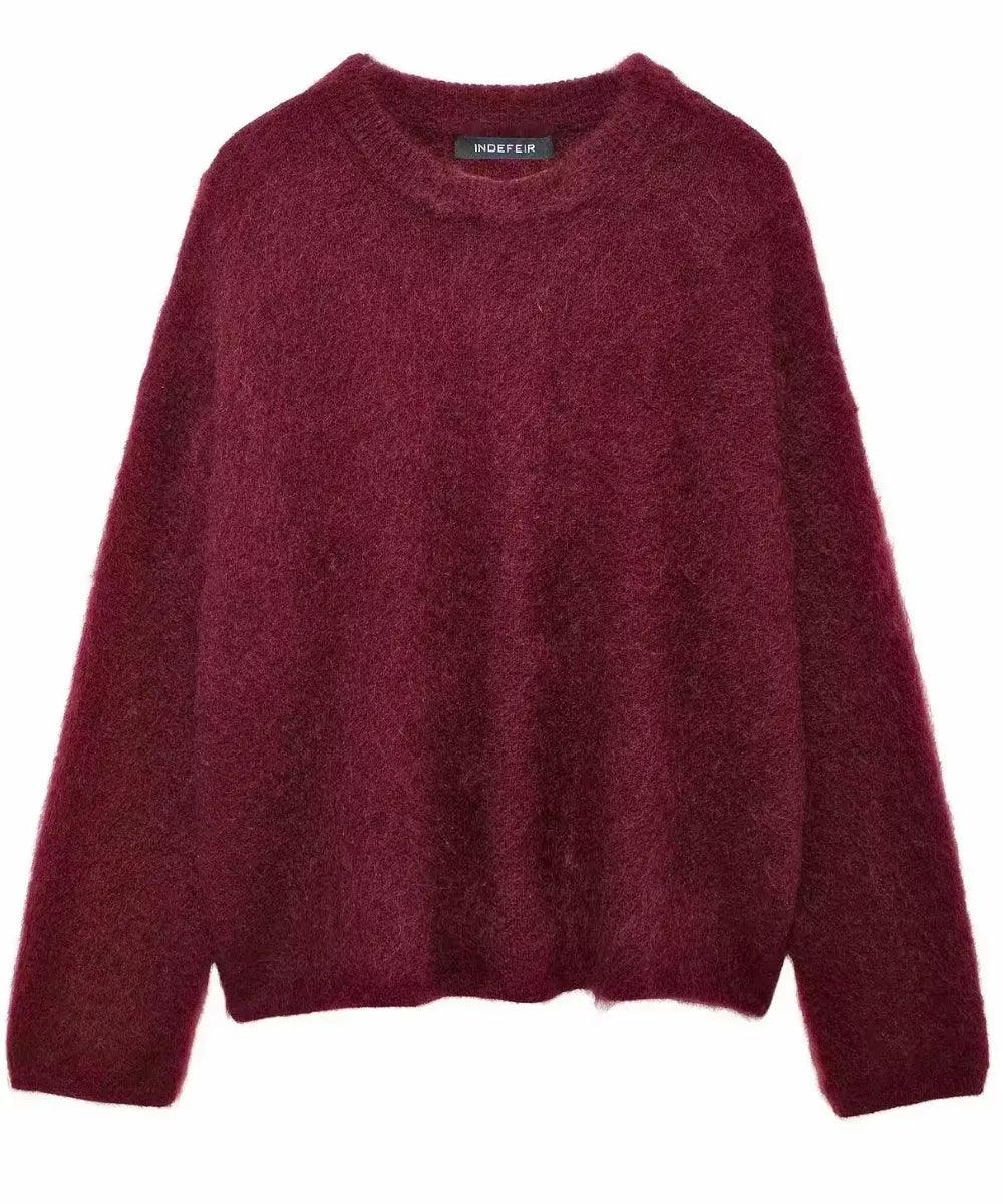Women's Chunky Crewneck Sweater in Burgundy, a brushed knit for winter