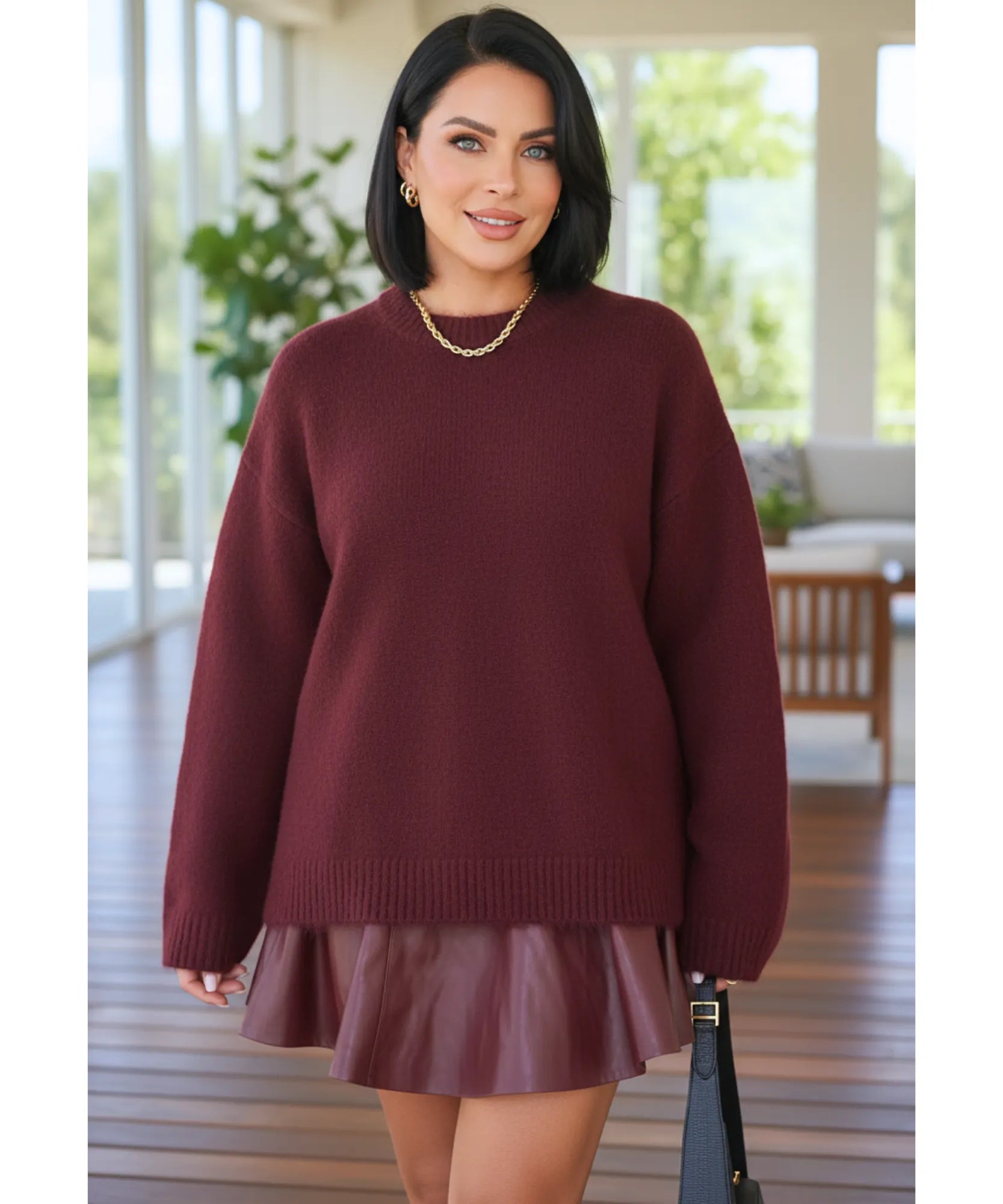 Women's Chunky Crewneck Sweater in Burgundy, a brushed knit for winter
