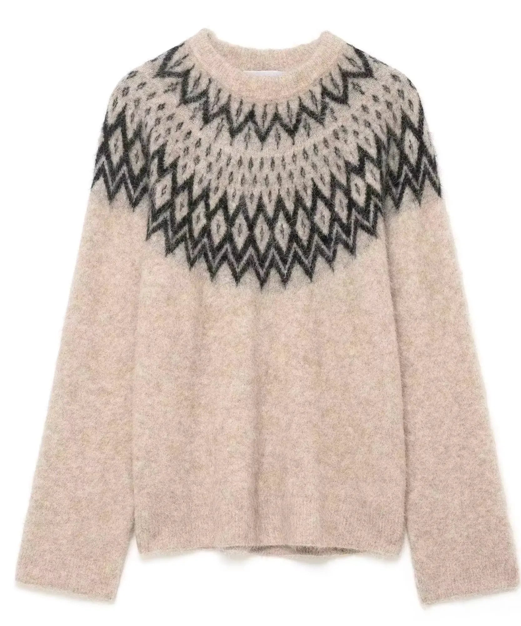 Women's Fair Isle Oversized Sweater in Oatmeal, fit detail