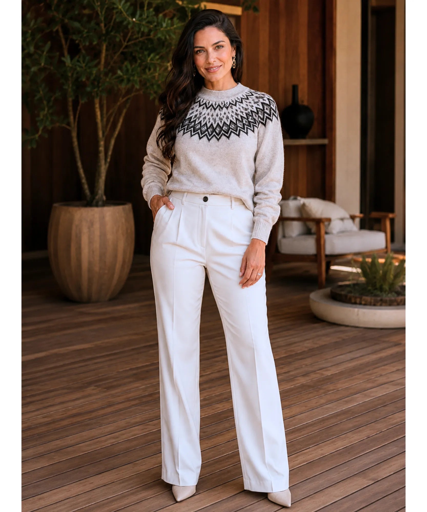 Women's Fair Isle Oversized Sweater in Oatmeal, crew neckline detail