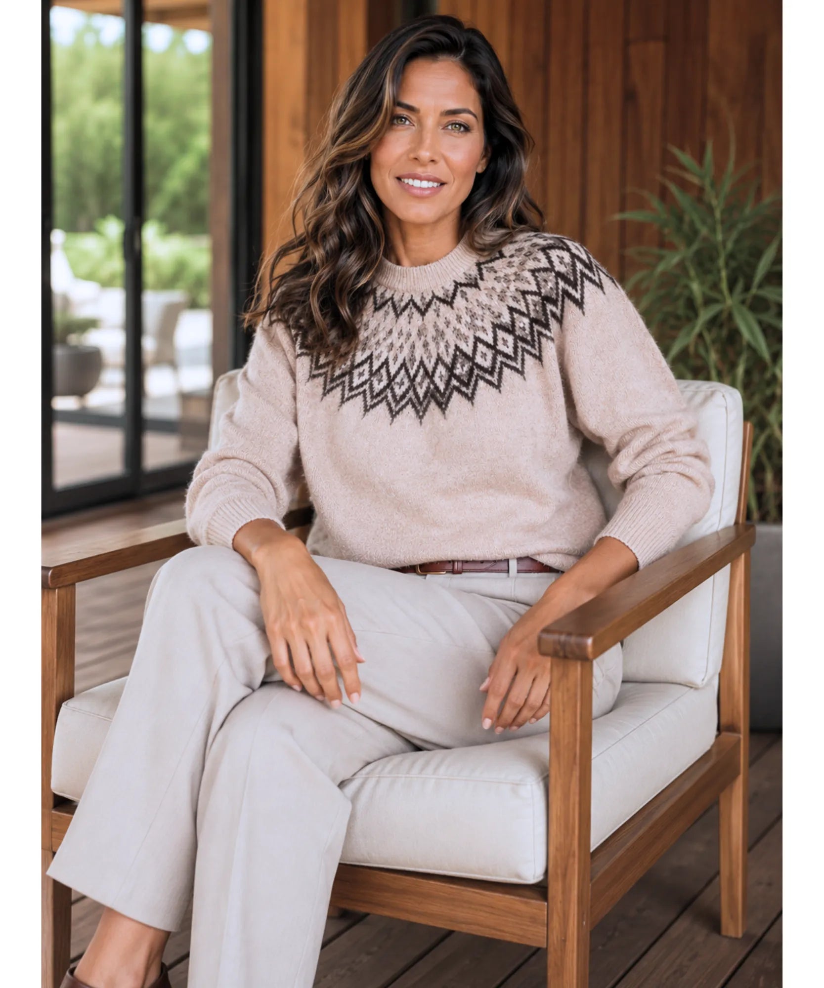 Women's Fair Isle Oversized Sweater in Oatmeal, styled look