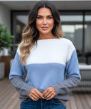 Women's Chunky Knit Color Block Sweater in Light Blue, a chunky knit for cooler days