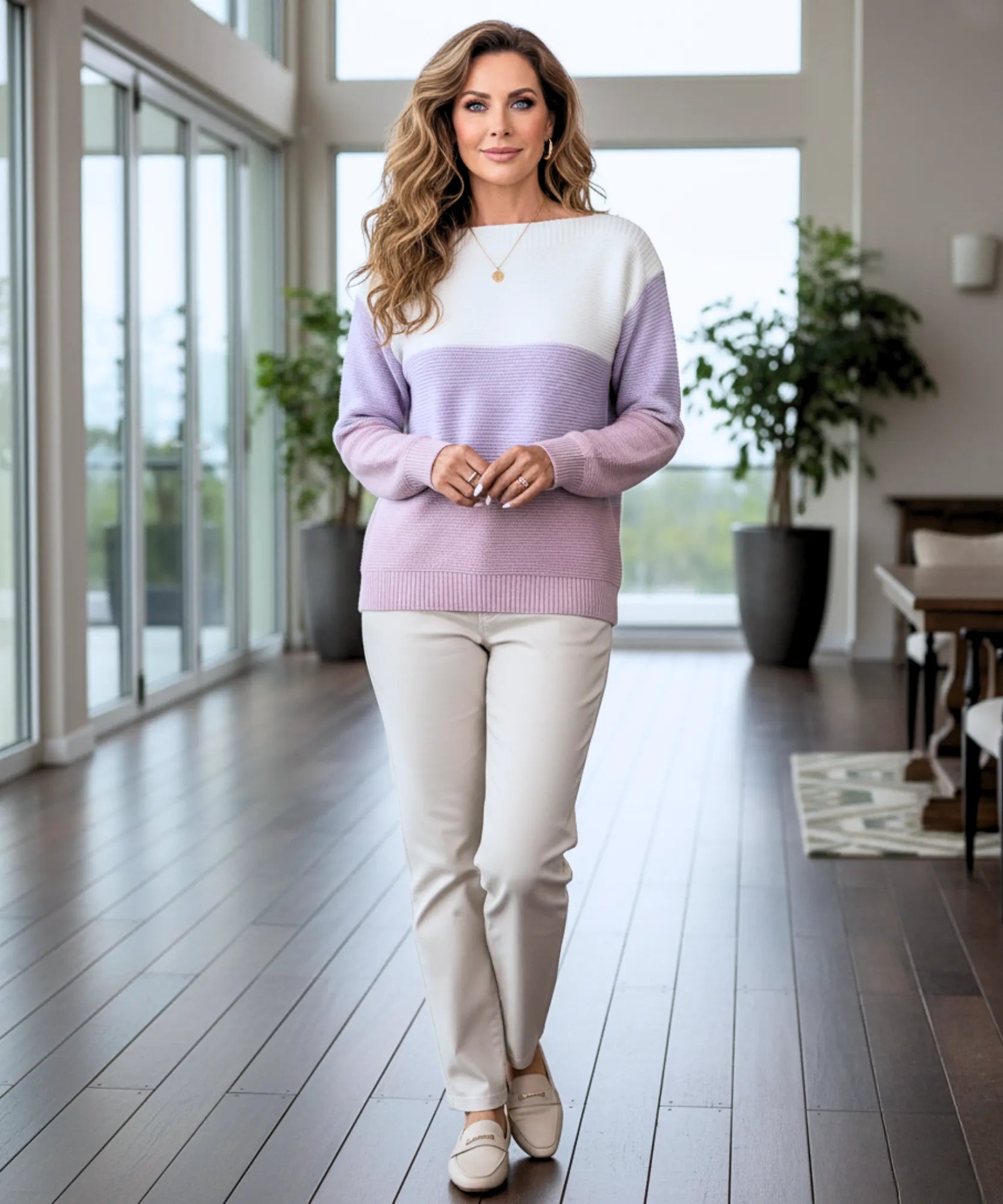 Women's Chunky Knit Color Block Sweater in Blush, a chunky knit for cooler days