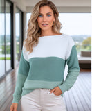 Women's Chunky Knit Color Block Sweater in Sage Green, a chunky knit for cooler days