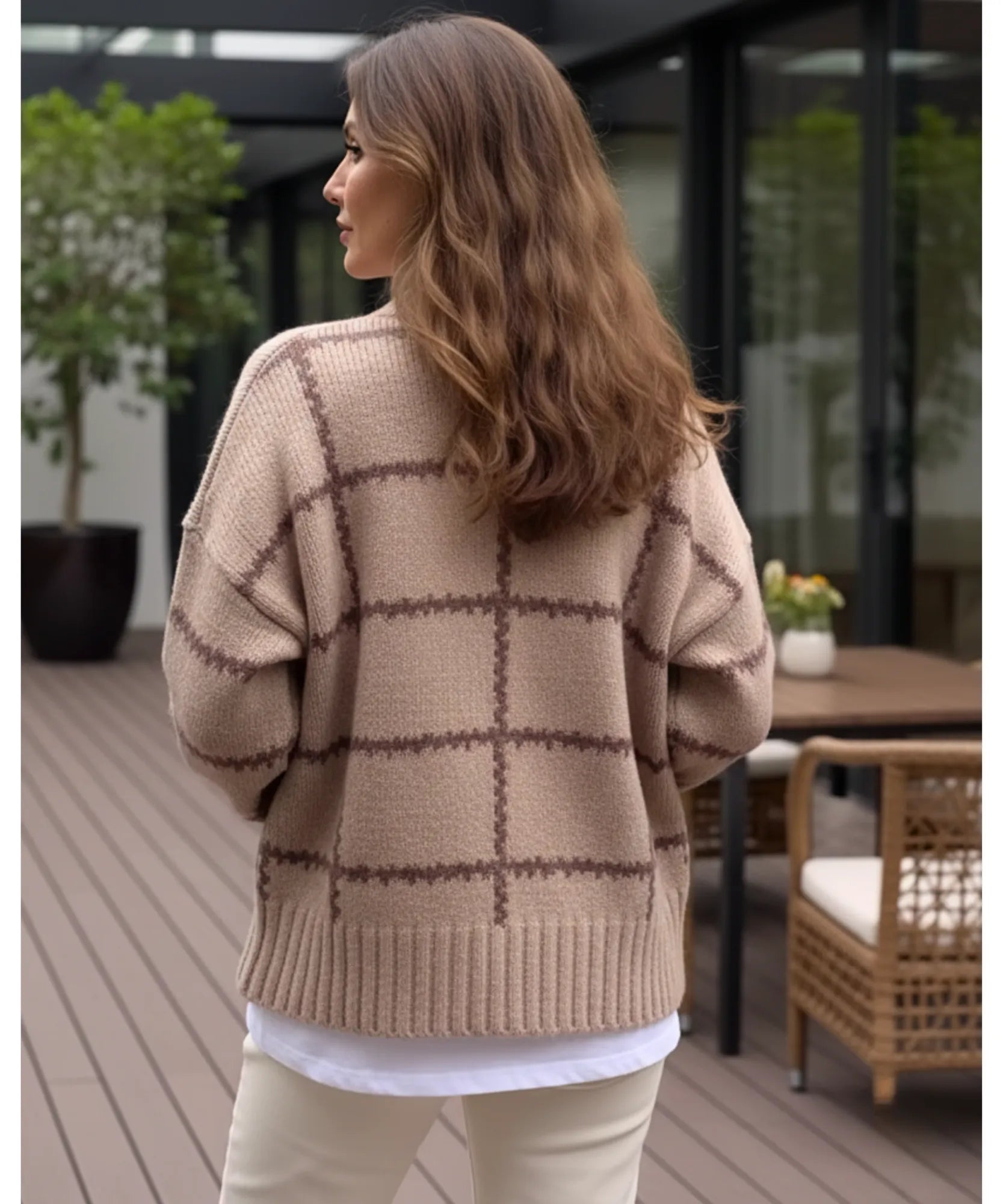 Women's Striped Chunky Knit Sweater in Camel, a structured knit for winter