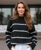 Women's Striped Chunky Knit Sweater in Black, a structured knit for winter