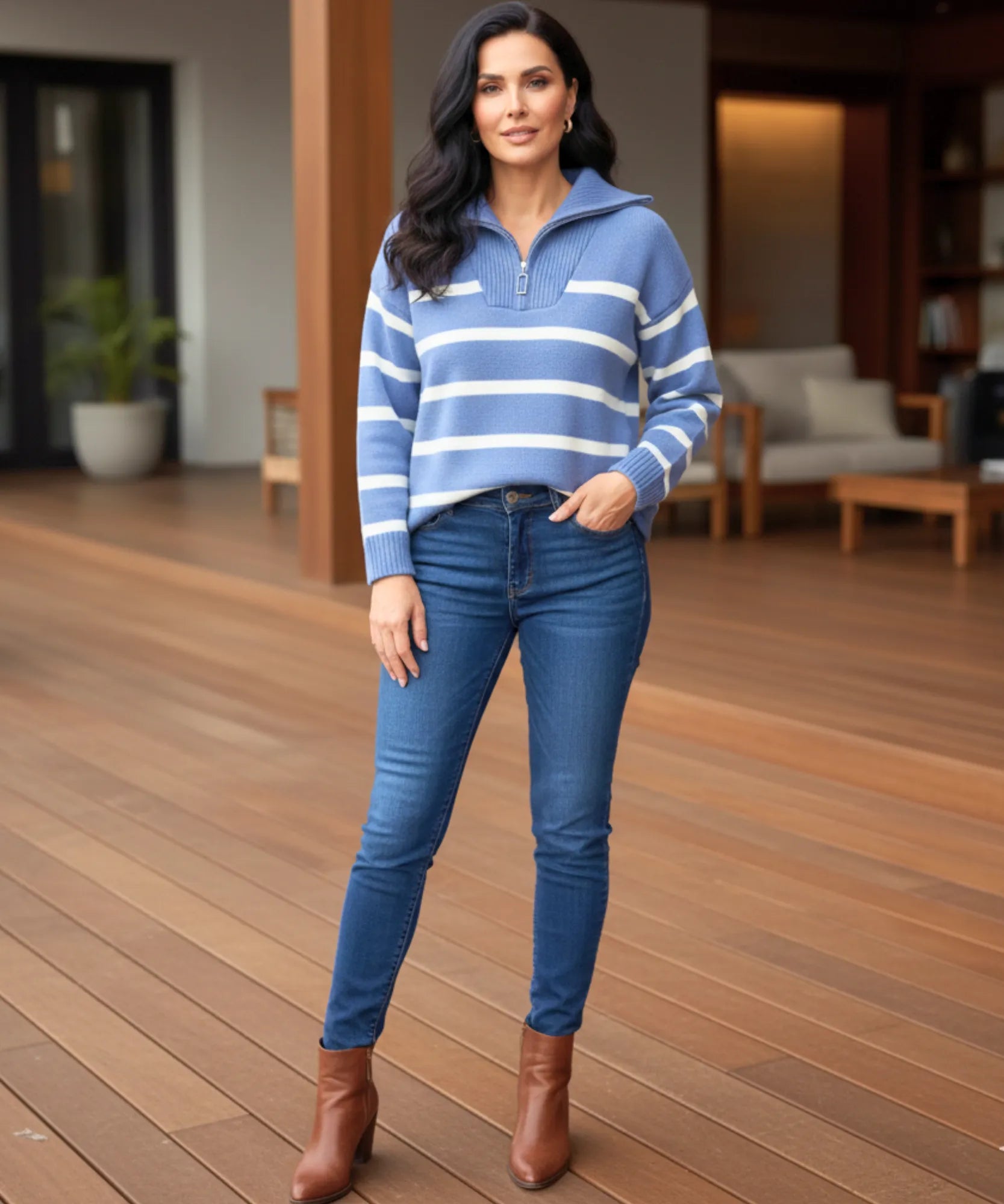 Women's Striped Quarter-Zip Sweater in Denim Blue, a ribbed knit for cooler days