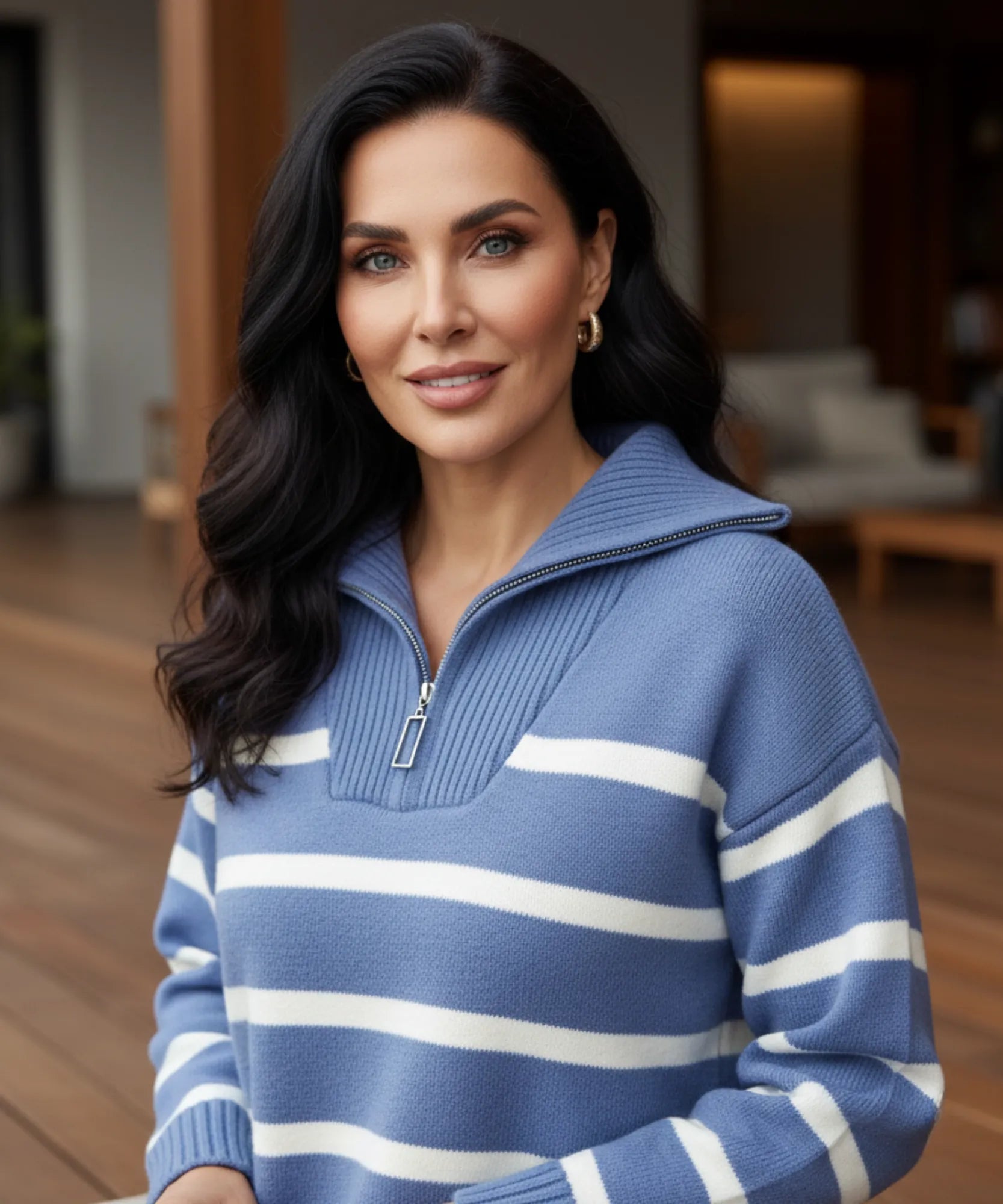 Women's Striped Quarter-Zip Sweater in Denim Blue, a ribbed knit for cooler days