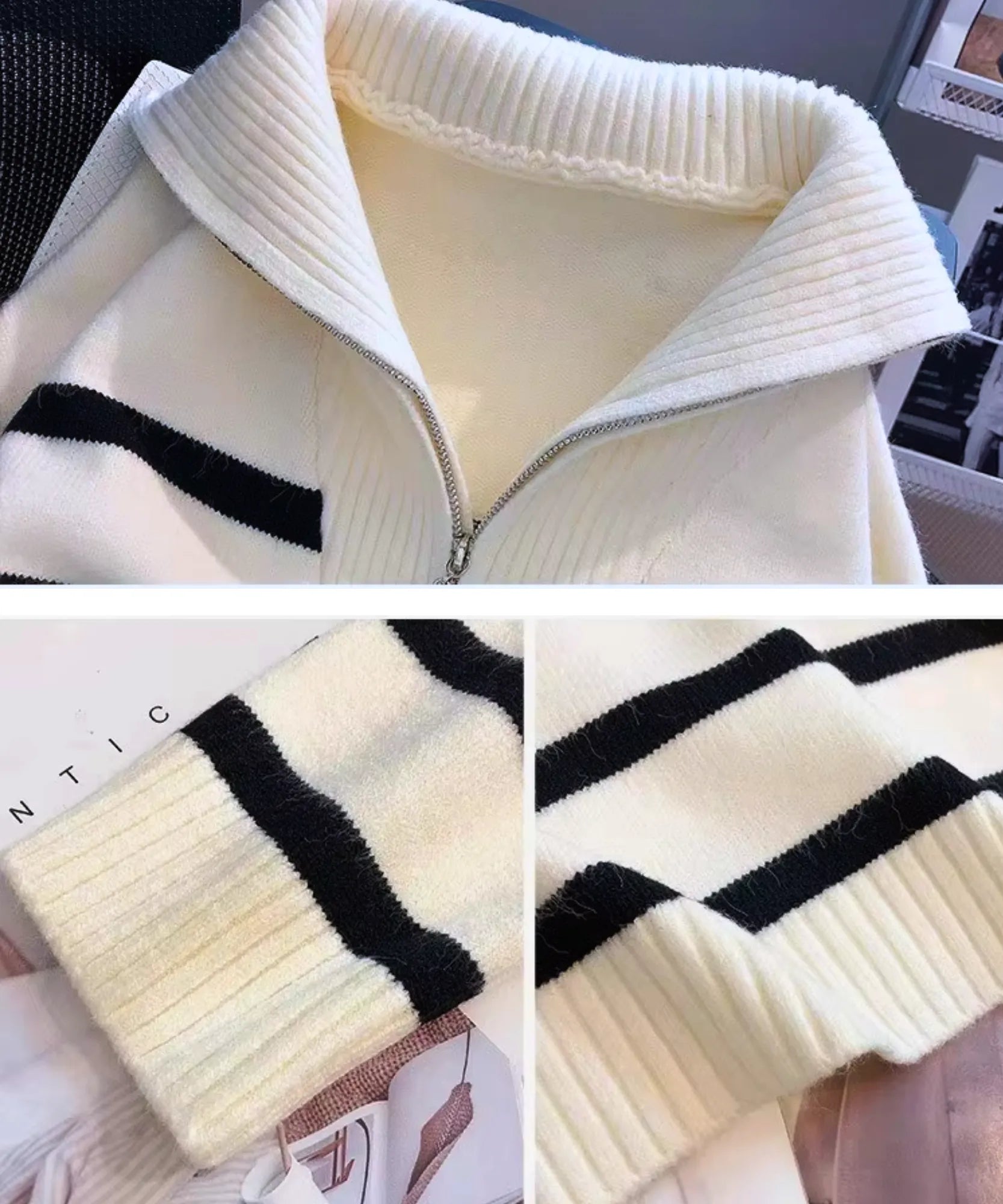 Women's Striped Quarter-Zip Sweater in Ivory, a ribbed knit for cooler days