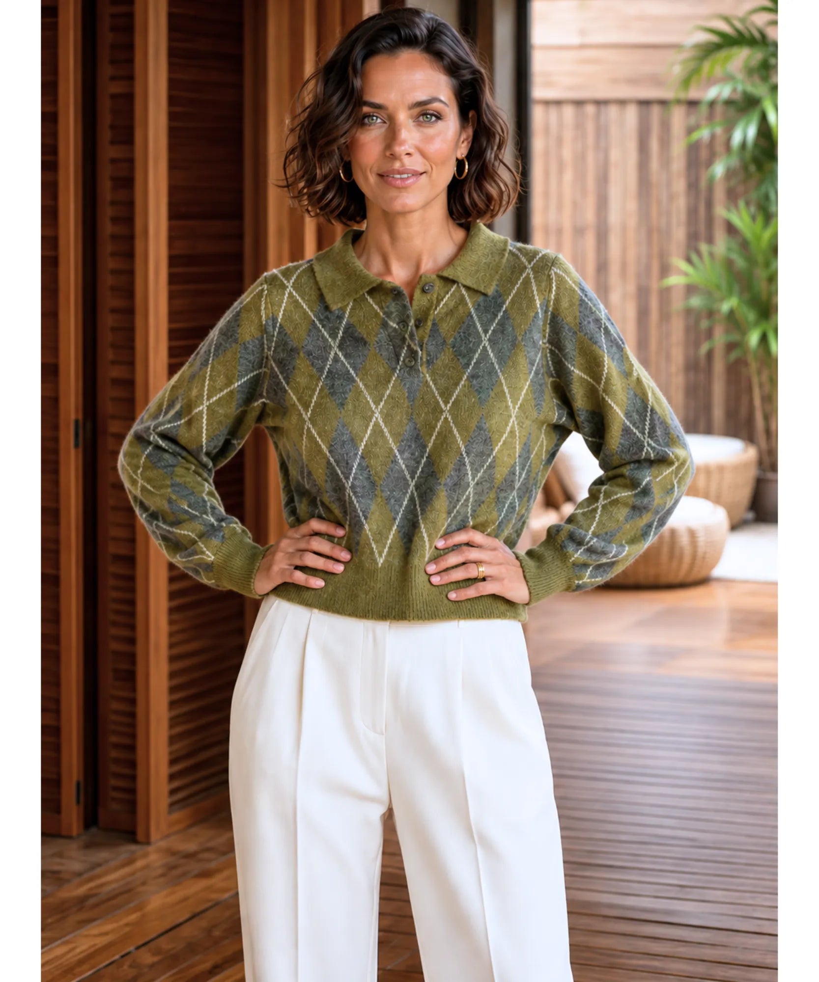 Women's Mohair-Effect Polo Sweater in Moss Green, close-up of the argyle print