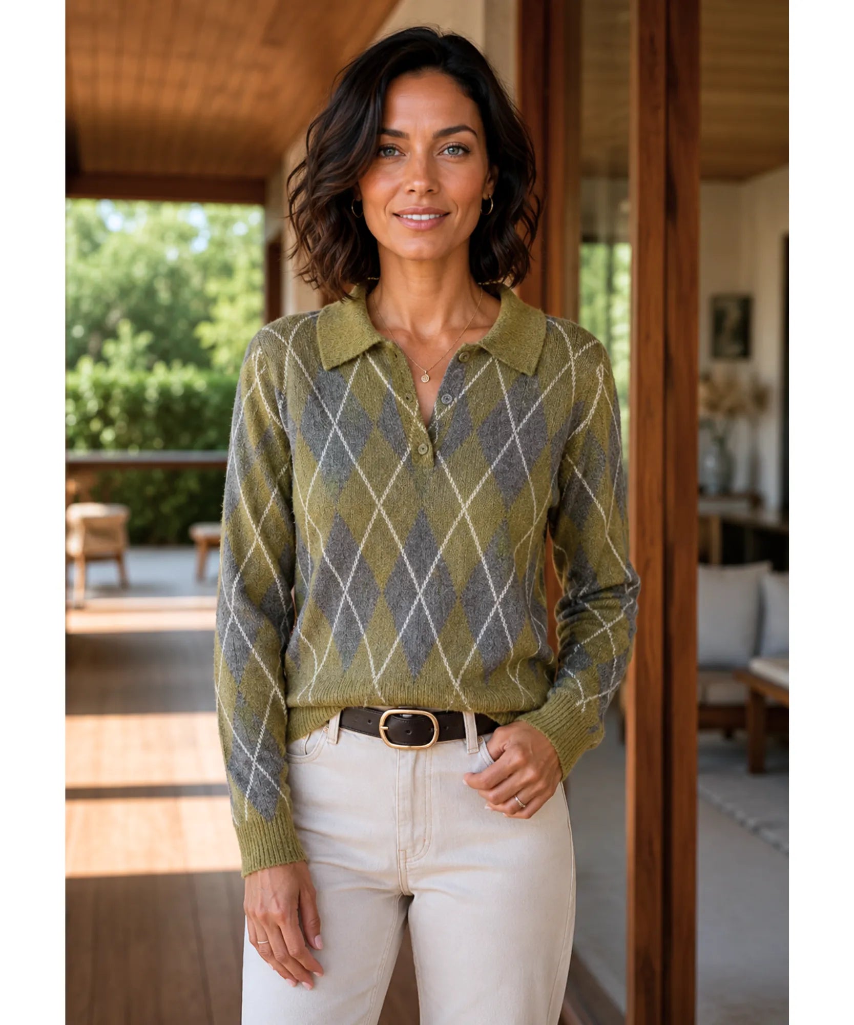 Women's Mohair-Effect Polo Sweater in Moss Green, side view
