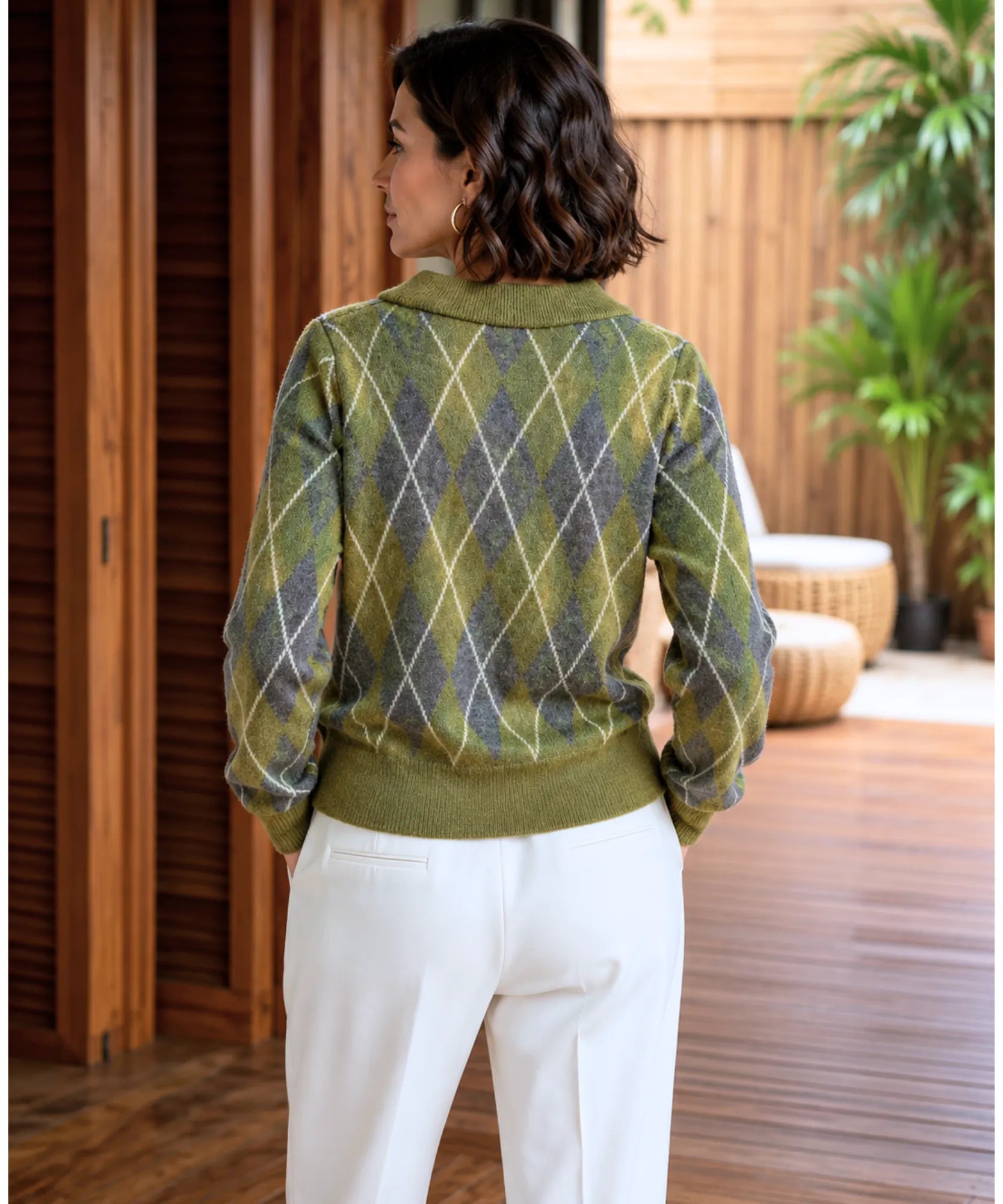 Women's Mohair-Effect Polo Sweater in Moss Green, full length view