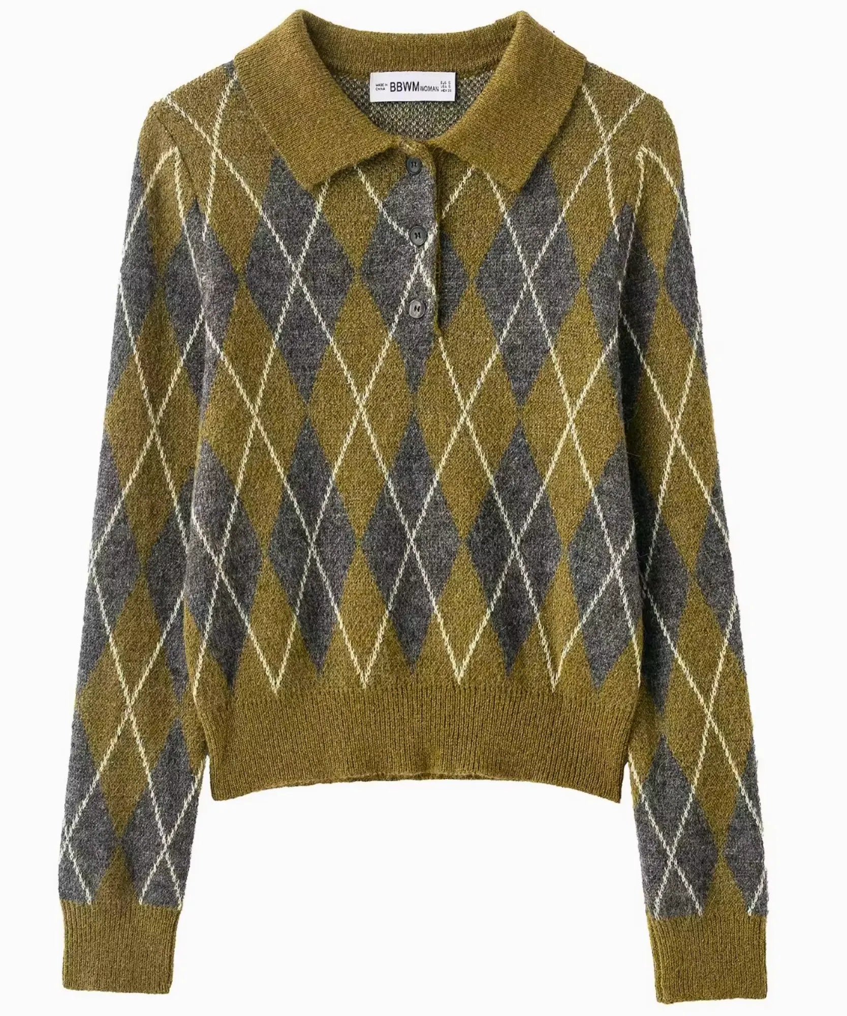 Women's Mohair-Effect Polo Sweater in Moss Green, sleeve and ribbed cuff detail