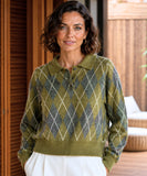 Women's Mohair-Effect Polo Sweater in Moss Green, front view