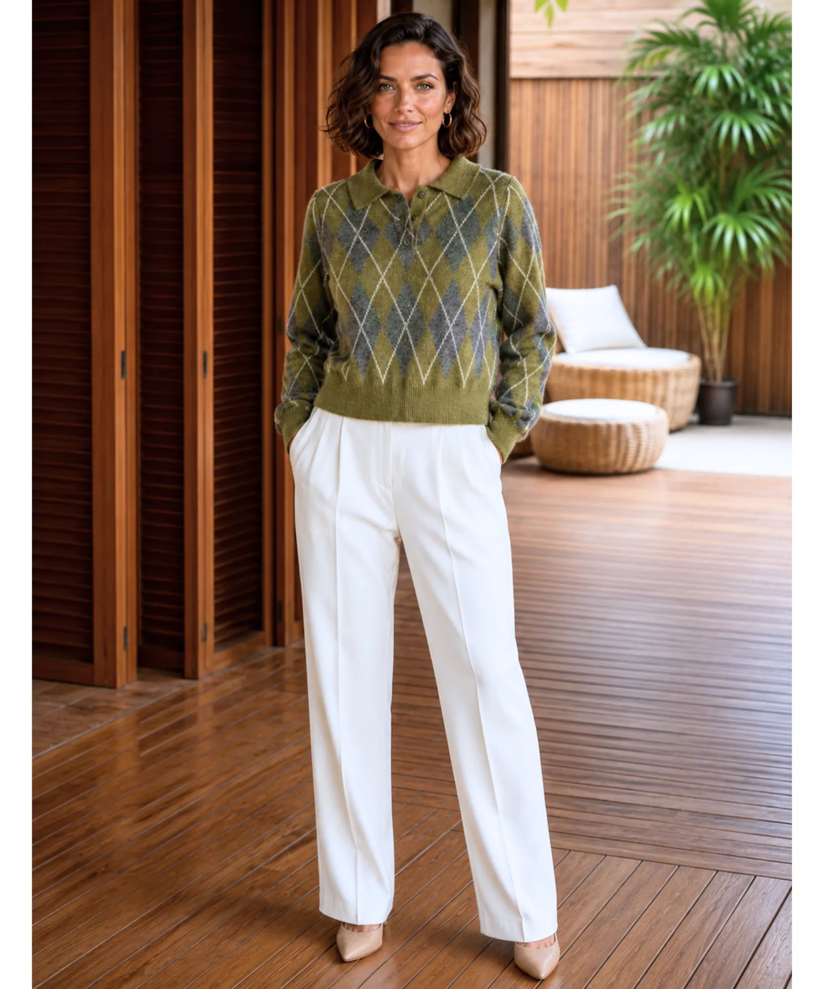 Women's Mohair-Effect Polo Sweater in Moss Green, knit texture detail