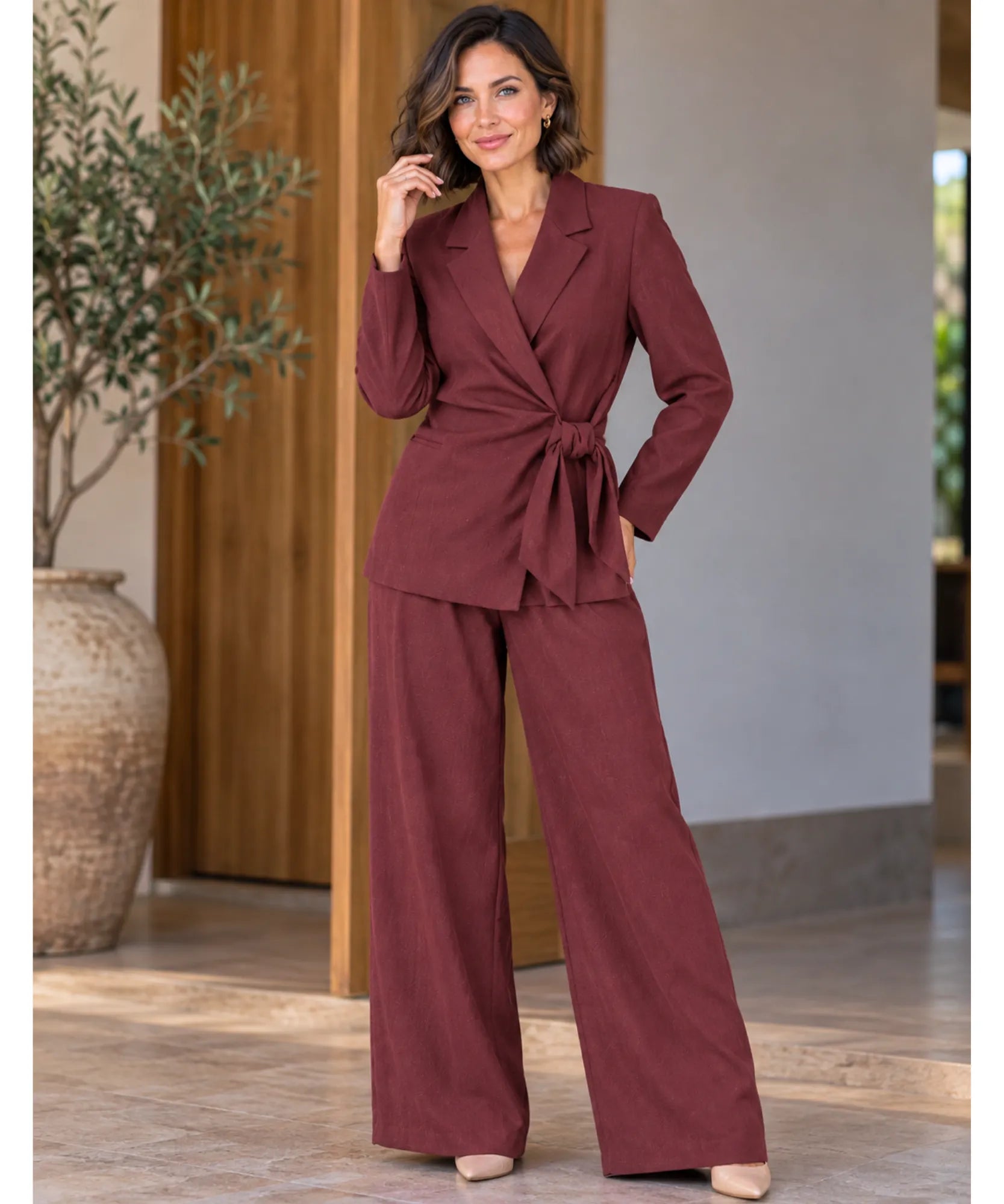 Women's pantsuit set in Mahogany with wrap blazer and wide leg pants