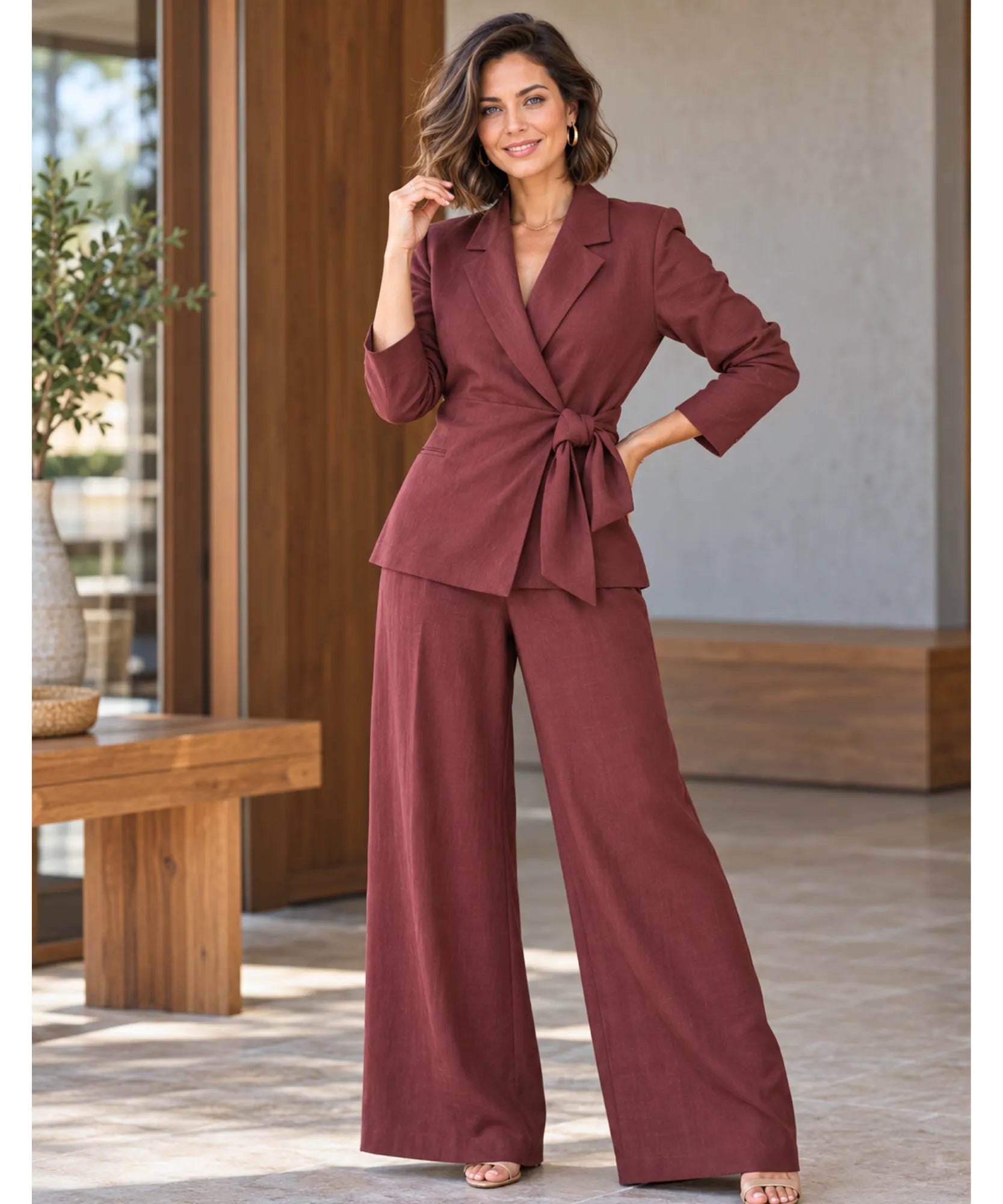 Mahogany pantsuit set with blazer tied at the waist, front view