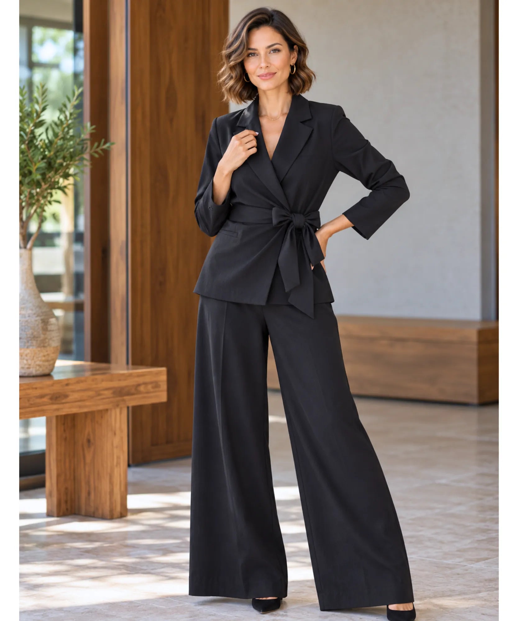 Black pantsuit set with wrap blazer and wide leg pants, front view
