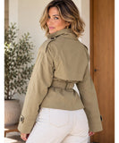 Women's short trench coat in khaki, back view with tie belt
